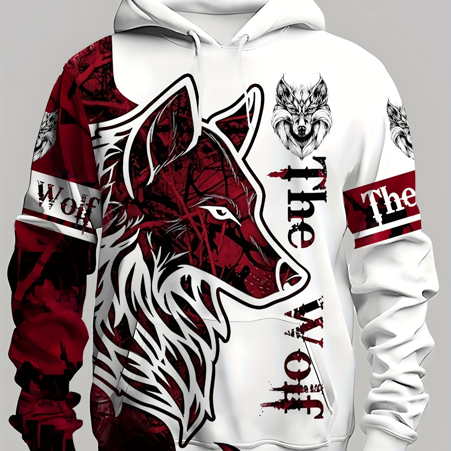 

The Wolf Print Plus Size Men's Long Sleeve Hoodie, Causal Fashionable Versatile Hooded Sweatshirt For Autumn And Winter