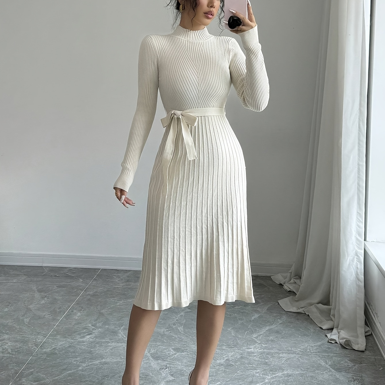 

1pc Elegant Viscose Knit Sweater Dress With Stand Collar And Belt Detail - Minimalist Solid Color Fitted Midi Dress