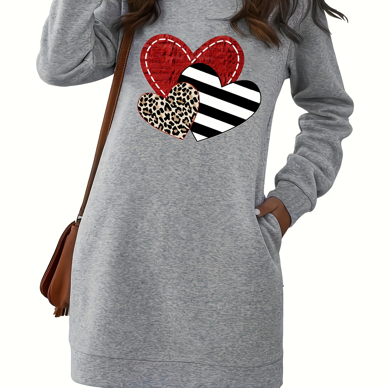 

Sweatshirt /Hiver - , Col Rond Imprimé Cœur & Poches