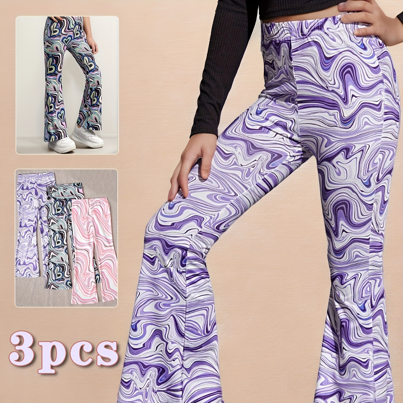 

Stretchy Legging Set 3pcs Creative Tie Dye Pattern Flare Pants Set Trendy Pants Kids Gift