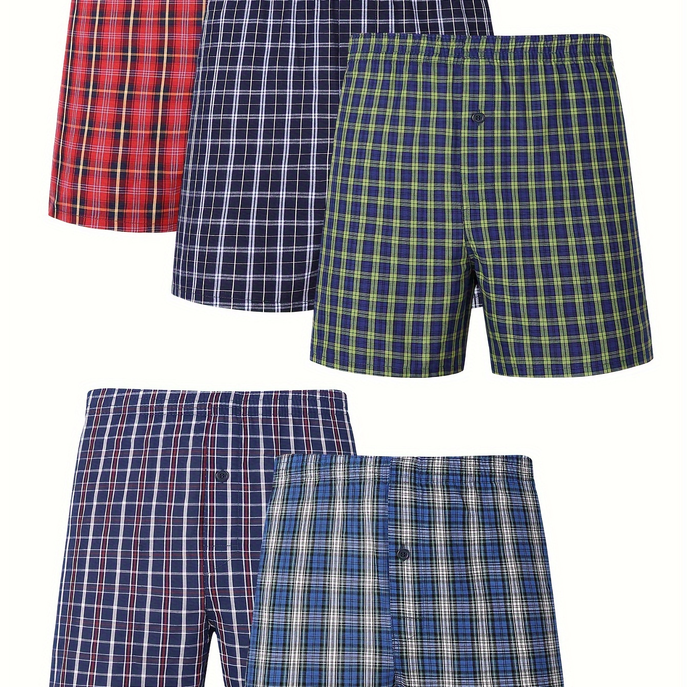 

5pcs Men's Plus Size Cotton Plaid Pattern Shorts, Comfy Stretchy Shorts, Big & Tall Male
