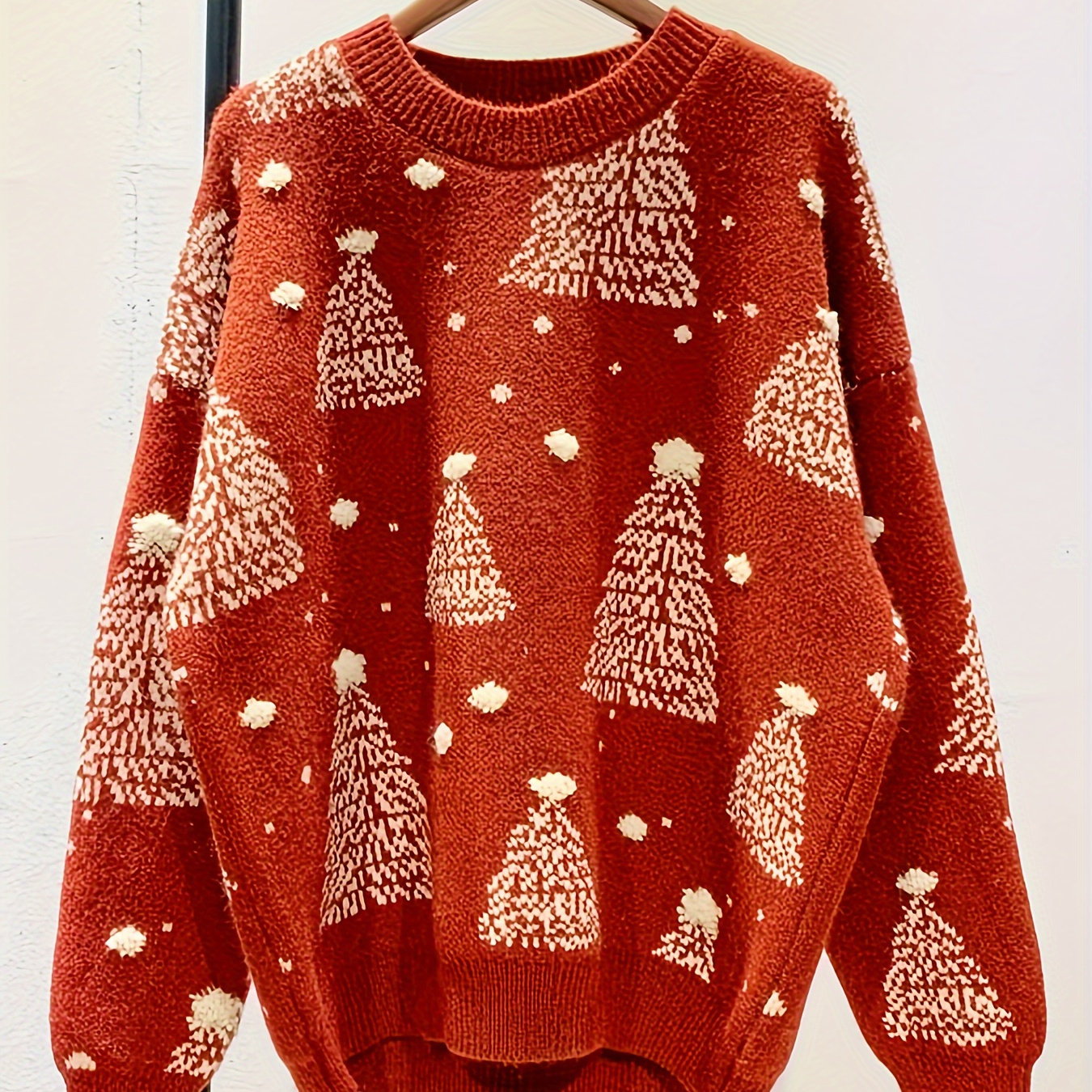 

Christmas Tree Pattern Pullover Sweater, Casual Long Sleeve Drop Shoulder Sweater, Women's Clothing