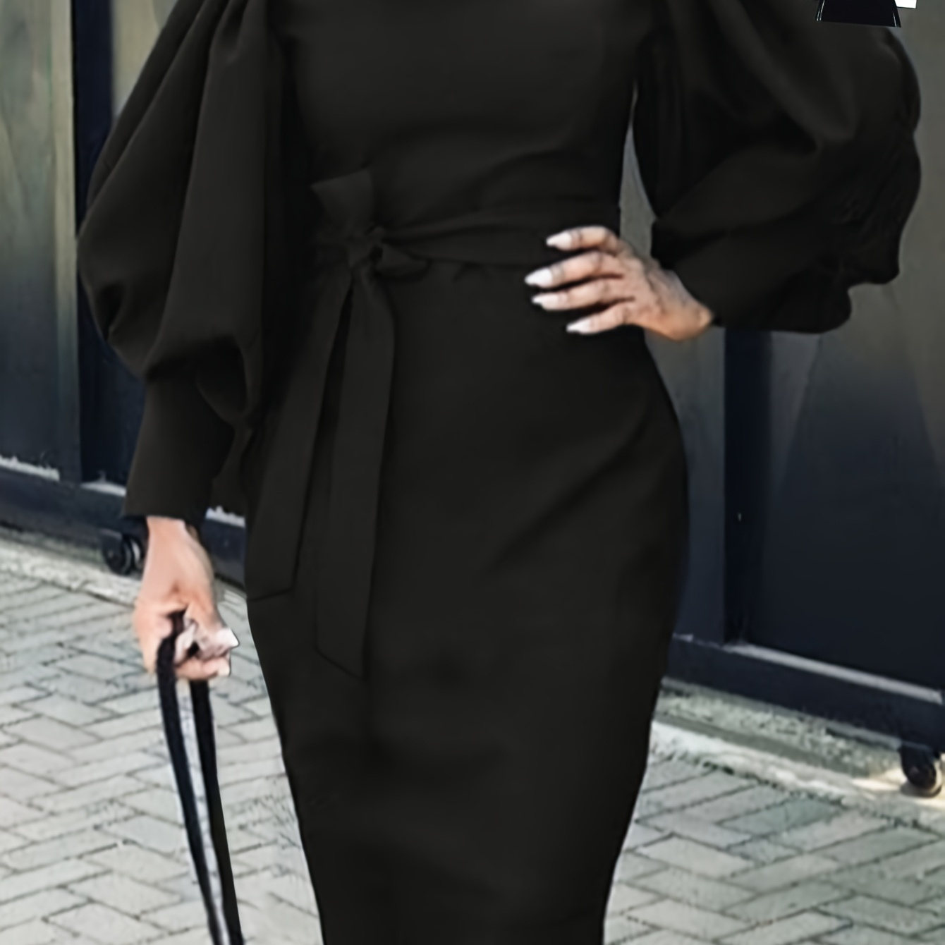 

Elegant Solid Color Long Sleeve Dress, Fitted Crew Neck Polyester Medium Stretch Knit Fabric, Women's Clothing