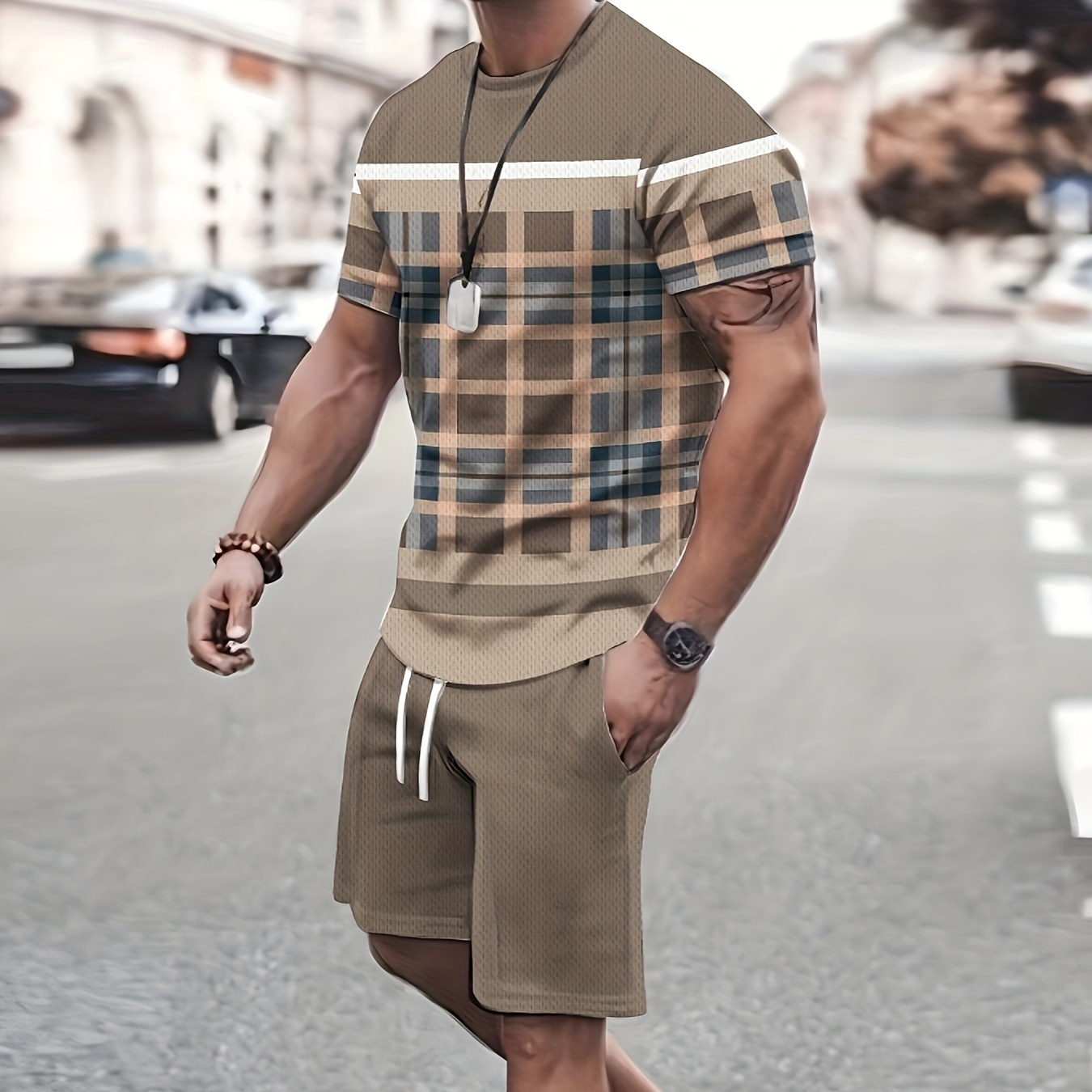 

2-piece Men's Casual Summer Vacation Outfit Set, Men's Color Block Short Sleeve T-shirt & Solid Drawstring Shorts With Pockets