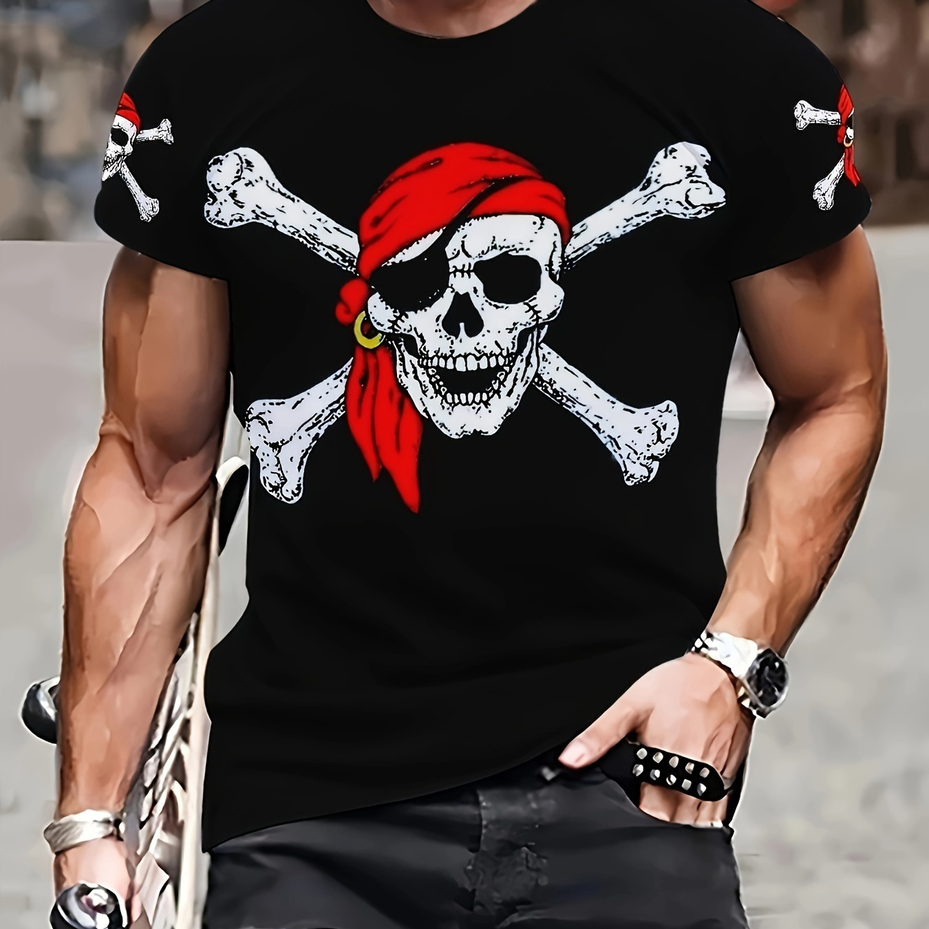 

2024 Pirate Skull & Flag 3d Print Men's T-shirt - Breathable, Neck Tee For Casual Wear