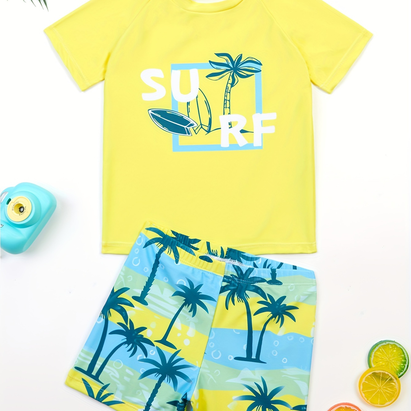 

2pcs Coconut Tree Pattern Swimsuit For Boys, T-shirt & Swim Trunks Set, Stretchy Surfing Suit, Boys Swimwear For Summer Beach Vacation