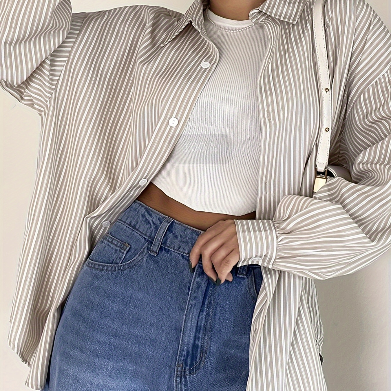 

Striped Print Long Sleeve Shirt, Casual Lapel Single-breasted Shirt For Spring & Fall, Women's Clothing