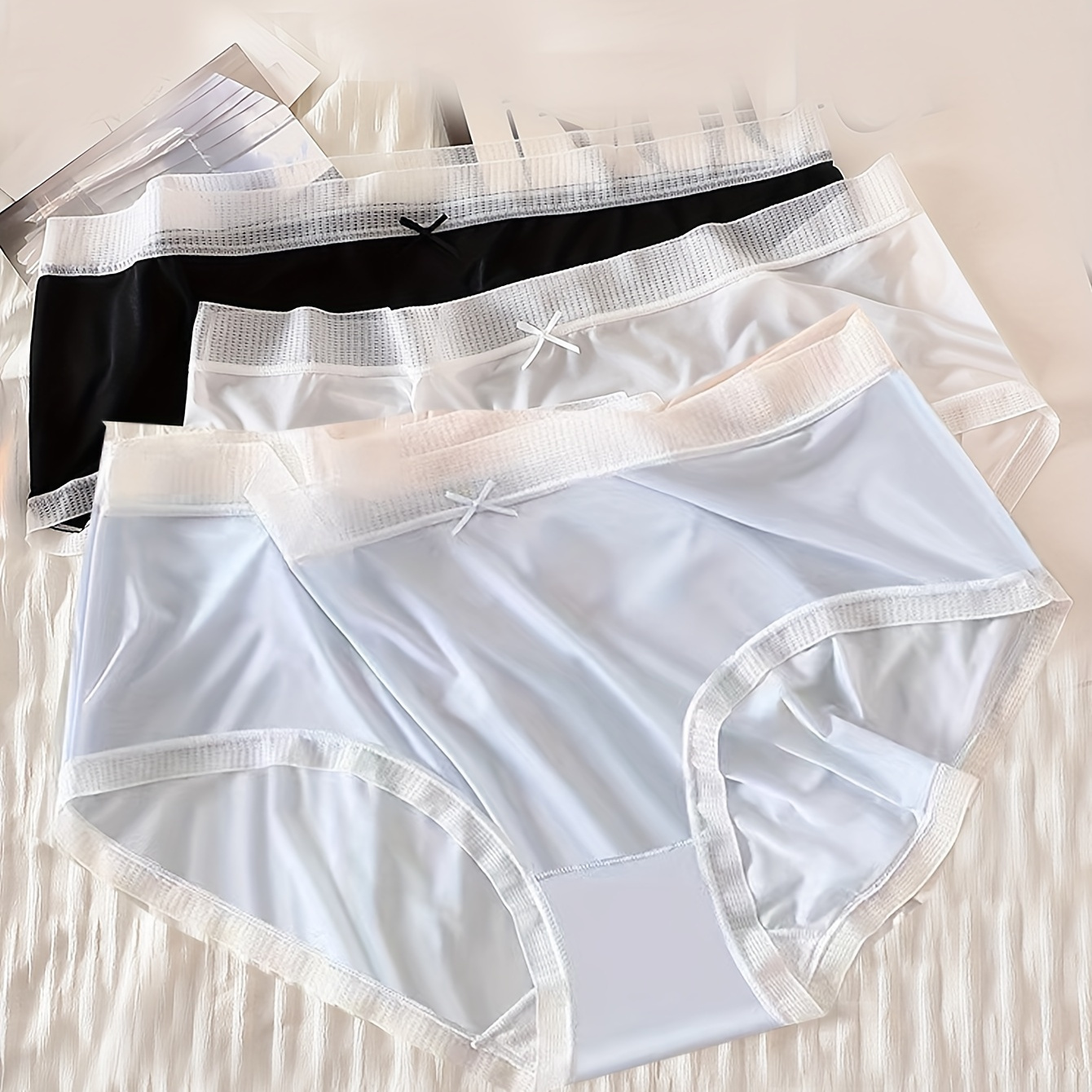 

3pcs Women's Plus Romantic Panties, Plus Size Bow Decor Contrast Binding Ice Silk Mid Waist Breathable Briefs