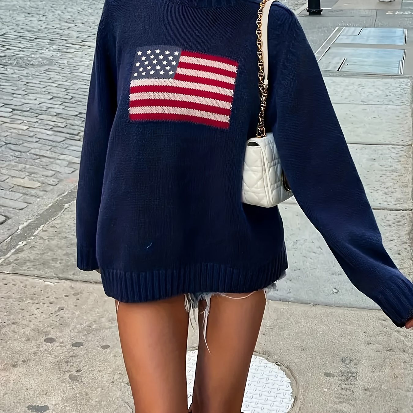 

Flag Pattern Crew Neck Sweater, Casual Long Sleeve Sweater For Fall & Winter, Women's Clothing