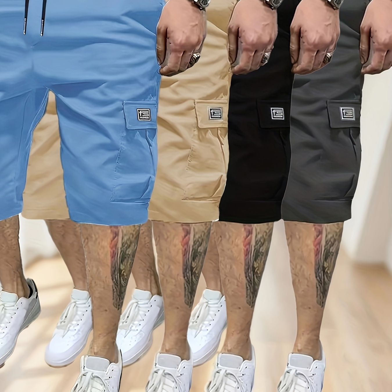 

4-pack Men's Casual Cargo Shorts, Solid Color, 100% Polyester, Non-stretch Woven Fabric, Loose Fit, 135g/m², Summer Fashion