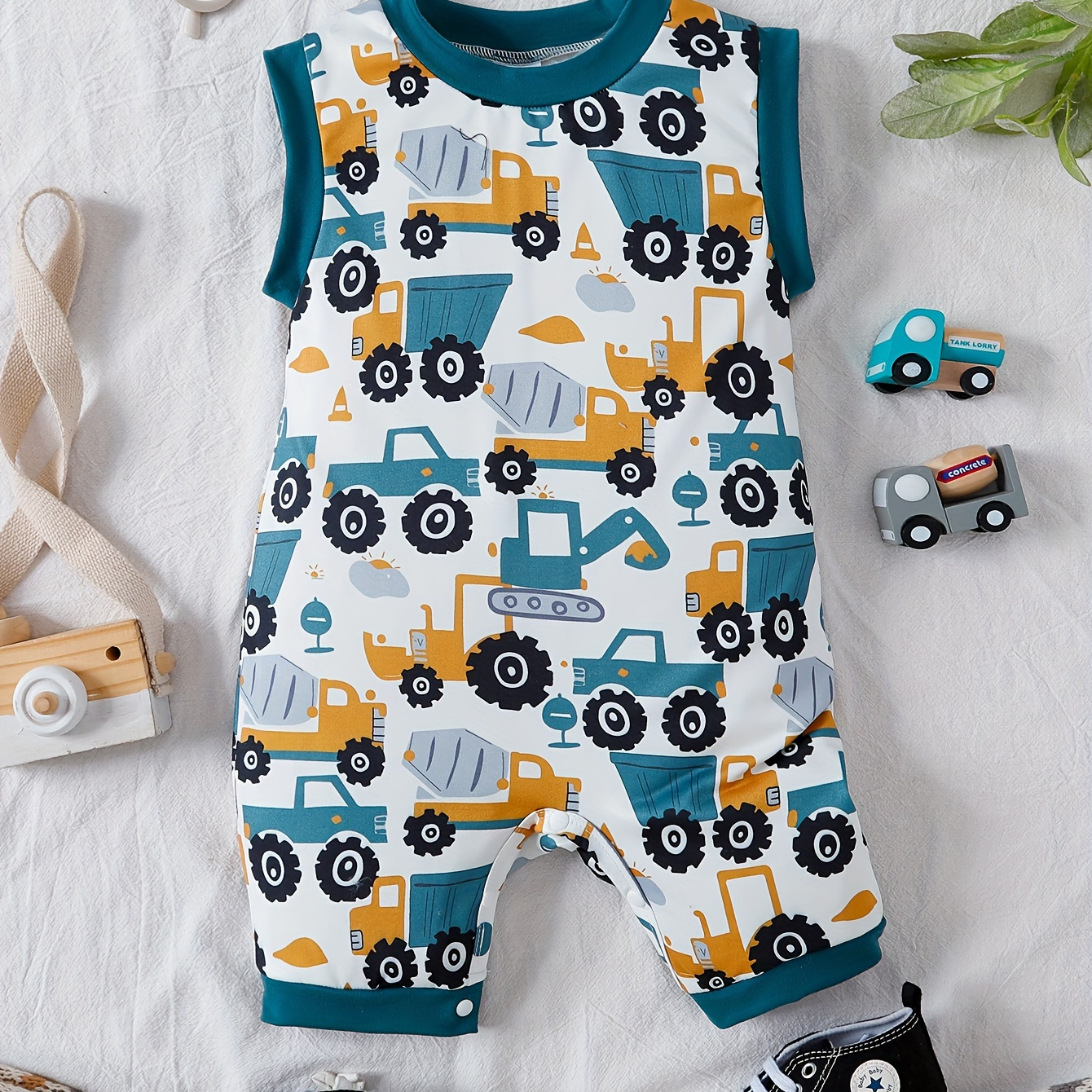 

Infant Boys' Cartoon Print Sleeveless Crew Neck Romper, Casual Style, Snug Fit, Summer Outfit