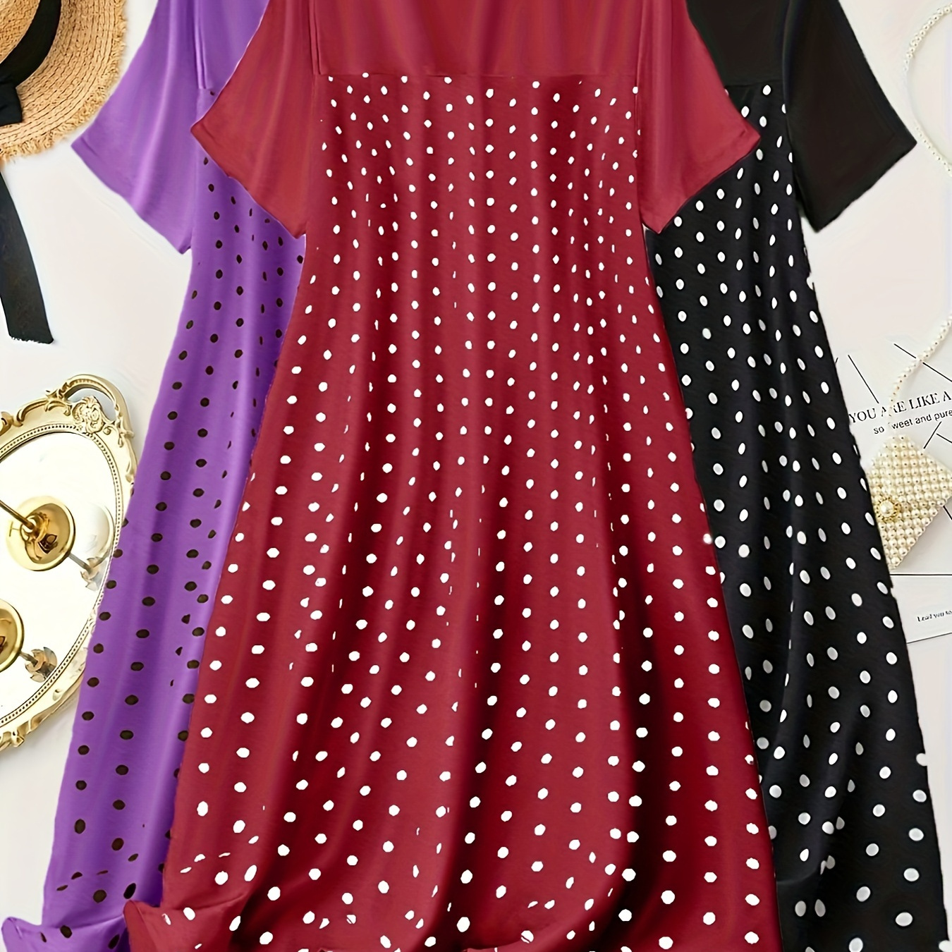 

3pcs Women's Plus Casual Lounge Dress, Plus Size Polka Dot Print Short Sleeve Crew Neck Sleep Dress