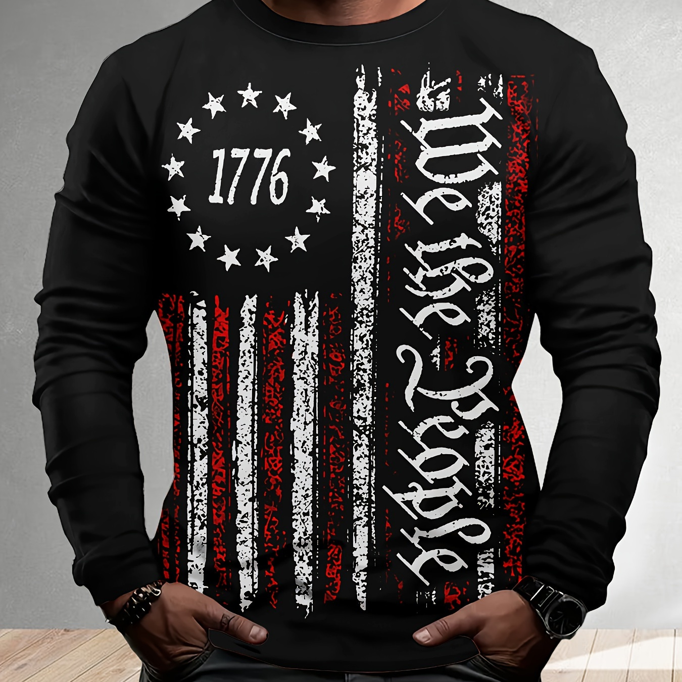 

Men' 3d Digital "1776" Pattern Printed Long Sleeve Round Neck T-shirt, Spring And Autumn Outdoor Activities