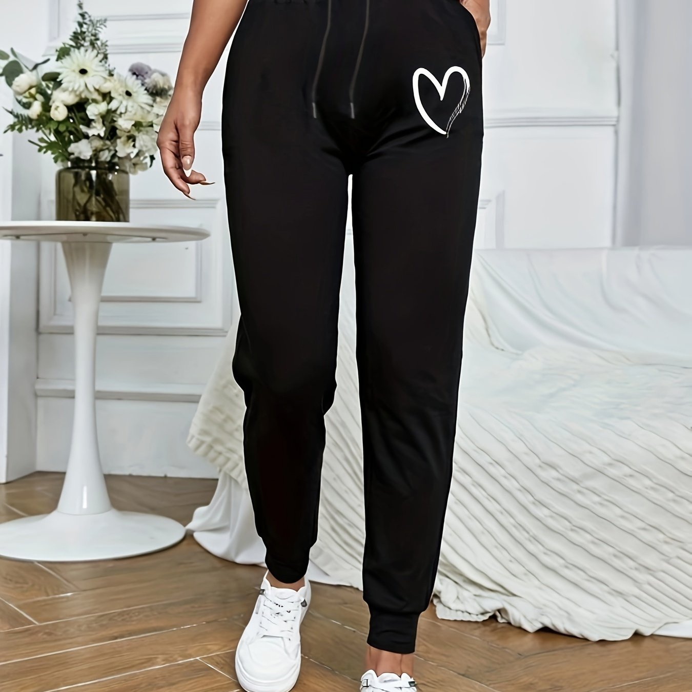 Double Heart Graphic Print Joggers Sweatpants Sports Solid - Temu