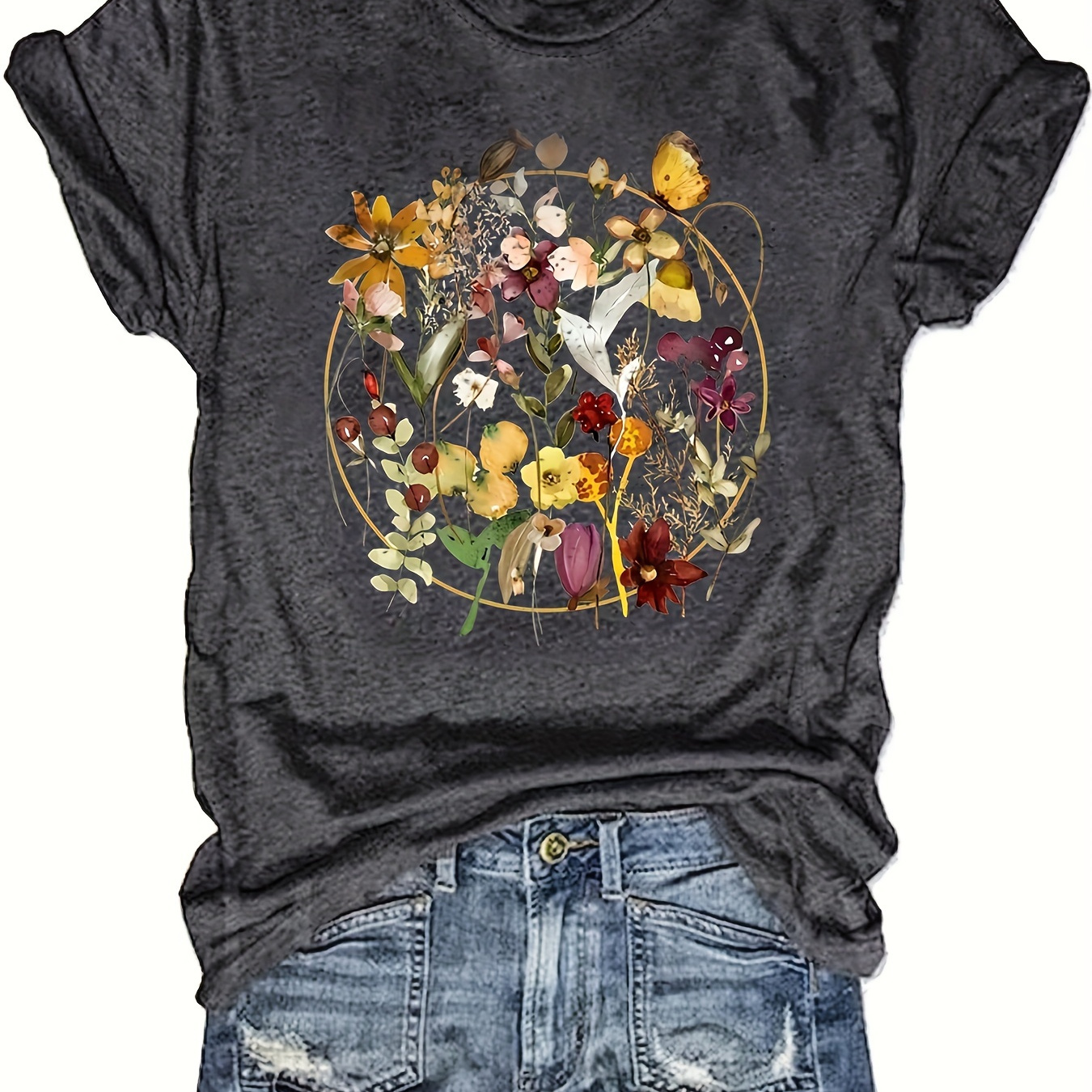 

Plant Print T-shirt, Short Sleeve Crew Neck Casual Top For Summer & Spring, Women's Clothing