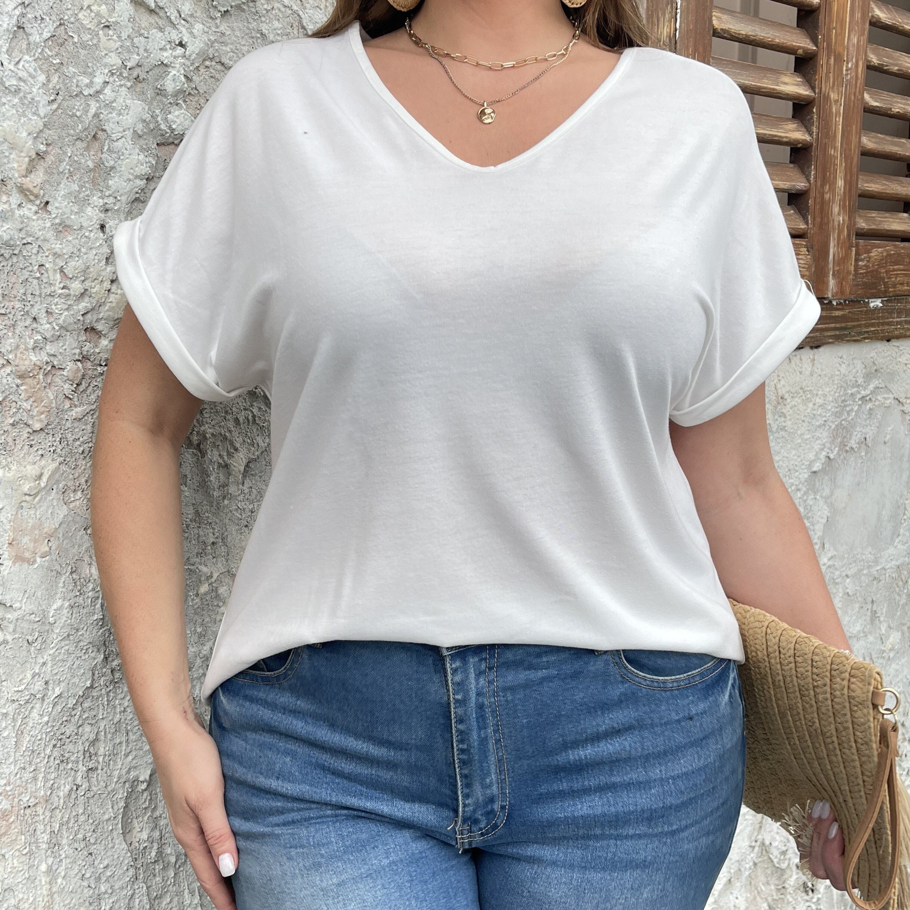 

Plus Size Solid V Neck T-shirt, Casual Batwing Sleeve Top For Spring & Summer, Women's Plus Size Clothing