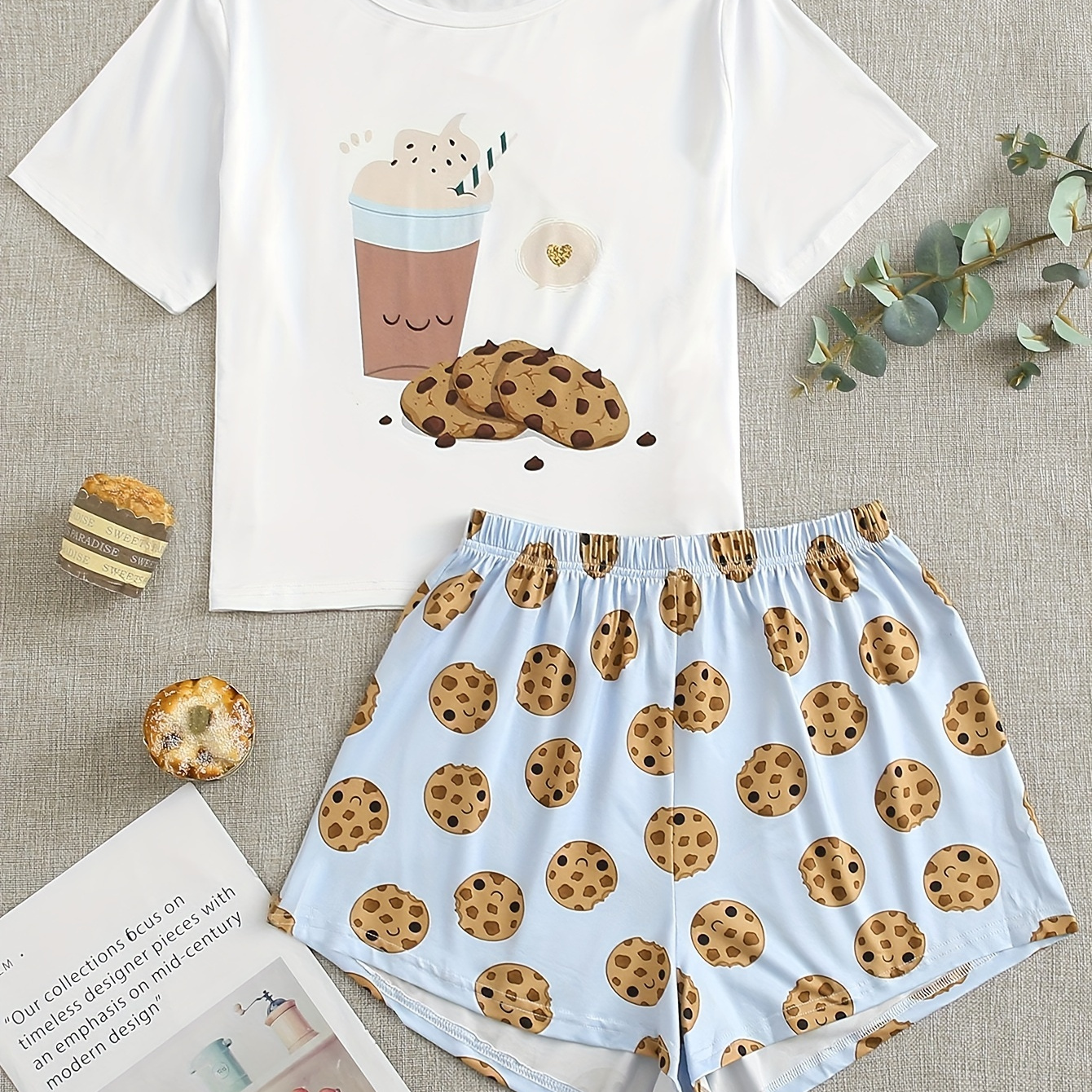 

Women's Cookie & Coffee Print Casual Pajama Set, Short Sleeve Round Neck Top & Shorts, Comfortable Relaxed Fit