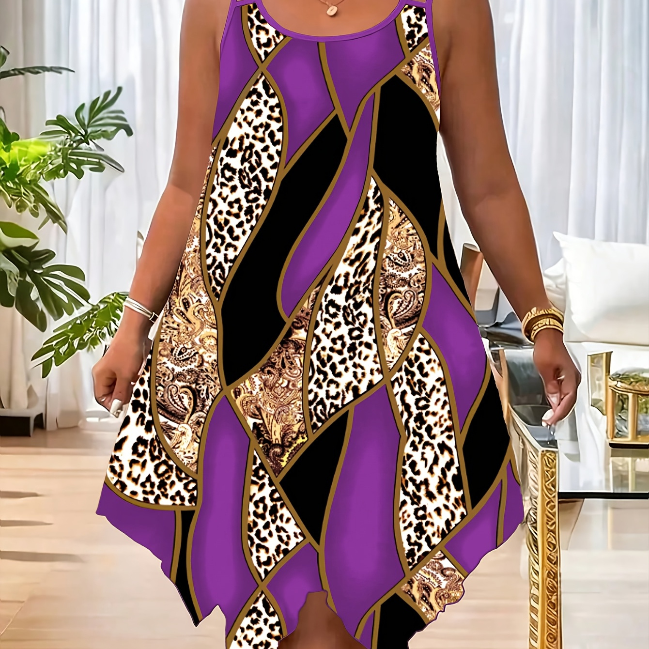 Plus Size, Plus Size Fashion Digital Print Asymmetrical Hem Dress, Double Spaghetti Strap Design, Women's Dress
