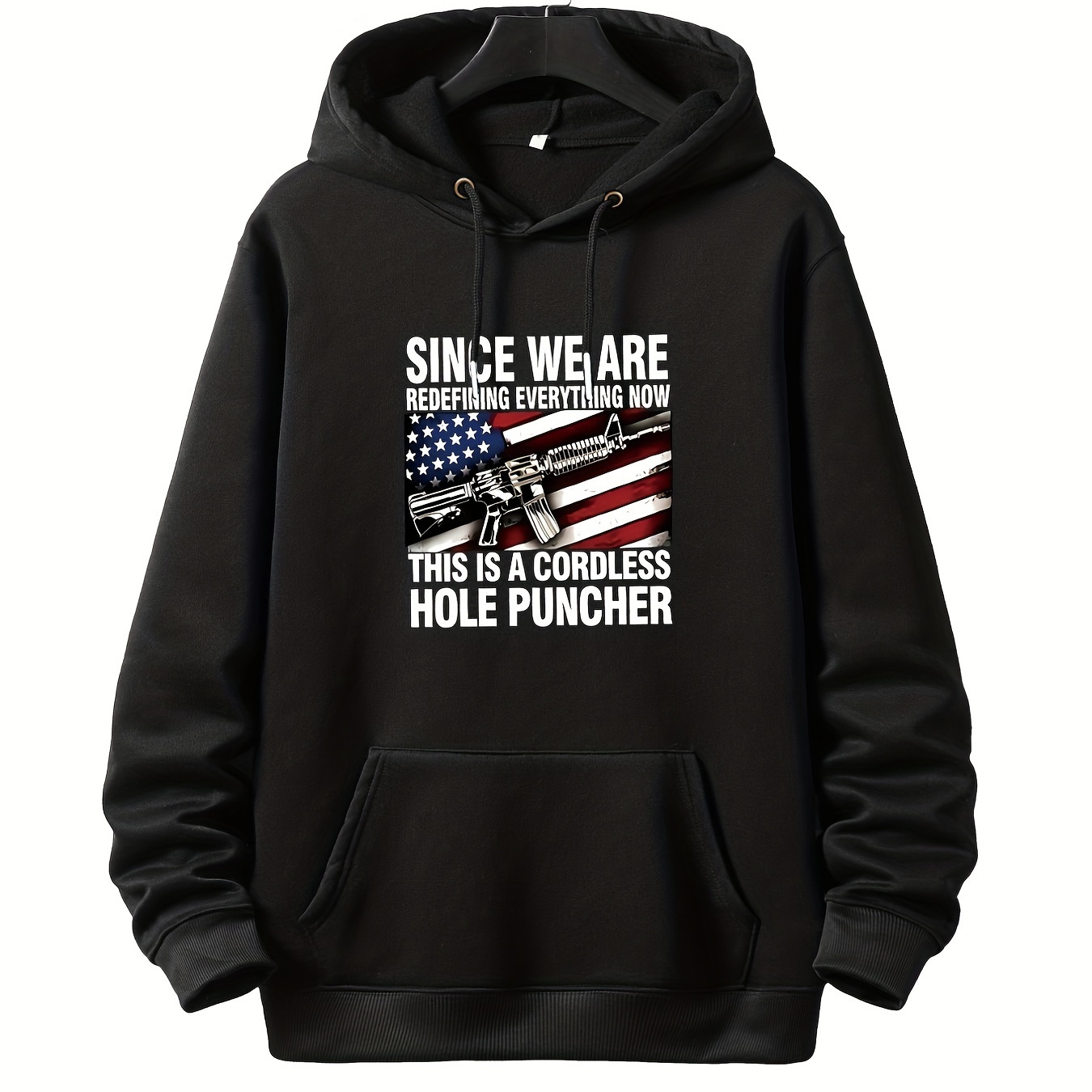 Plus Size Casual Sweatshirt, Men's Plus American Flag Print Long Sleeve Drawstring Hoodie Sweatshirt