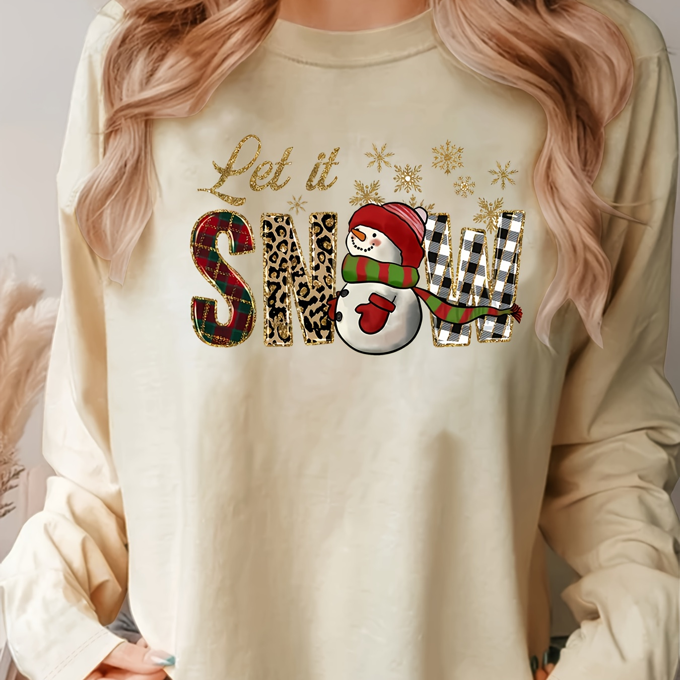 

Women's Cozy Snowman Print Long Sleeve Crew Neck Sweatshirt - Casual Fall & Winter Top, Machine Washable