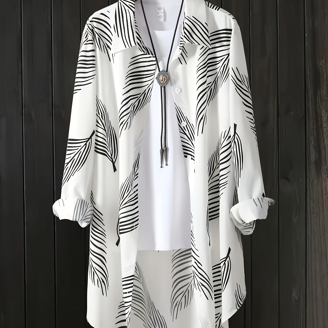 

Plus Size Printed Button-up Shirt With An Elegant High-low Hem And Rolled Sleeves, Women's Plus Size Clothing.