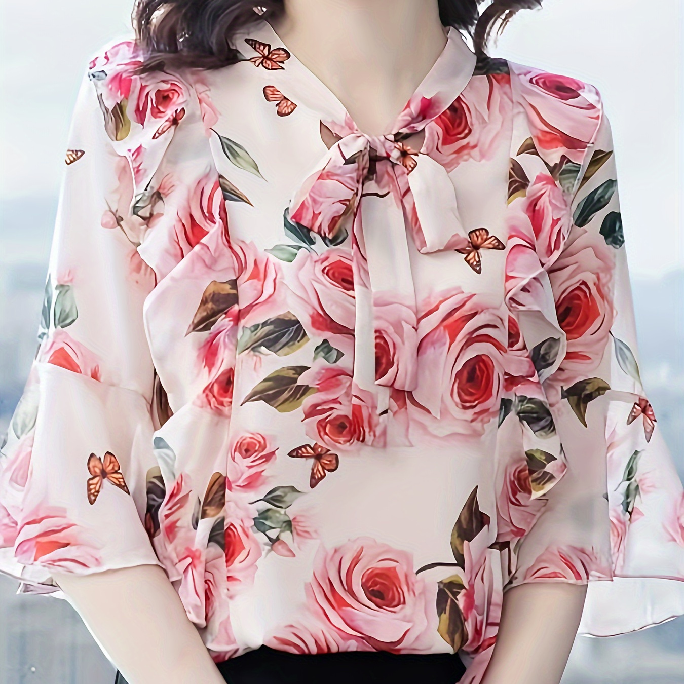 

Floral Print Tie Neck Blouse, Vacation Ruffle Trim Long Sleeve Blouse For Spring & Summer, Women's Clothing