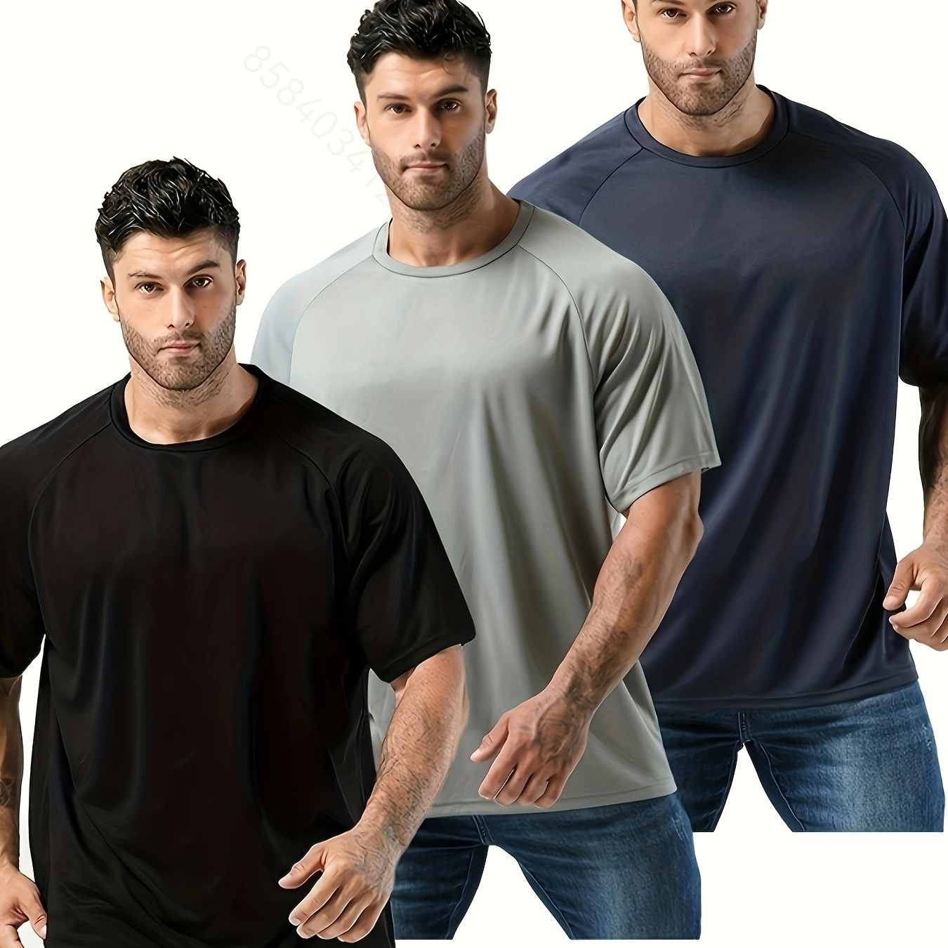 

Men's Casual T-shirt 3pcs In Black, Gray, And - Polyester , Crew Neck, Short Sleeve, Machine Washable - Ideal For Casual Attire, Plus Size