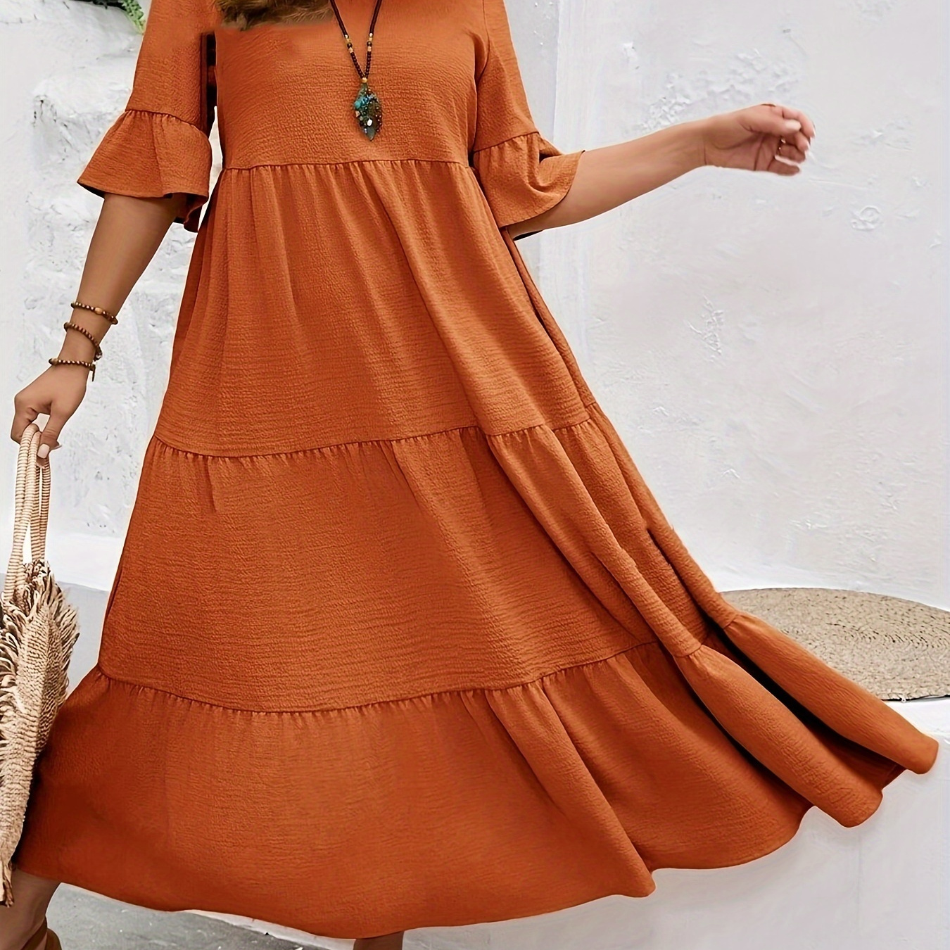 

Large Size Women's Deep V-neck Pleated Sleeve Multi-layered Long Skirt For Summer