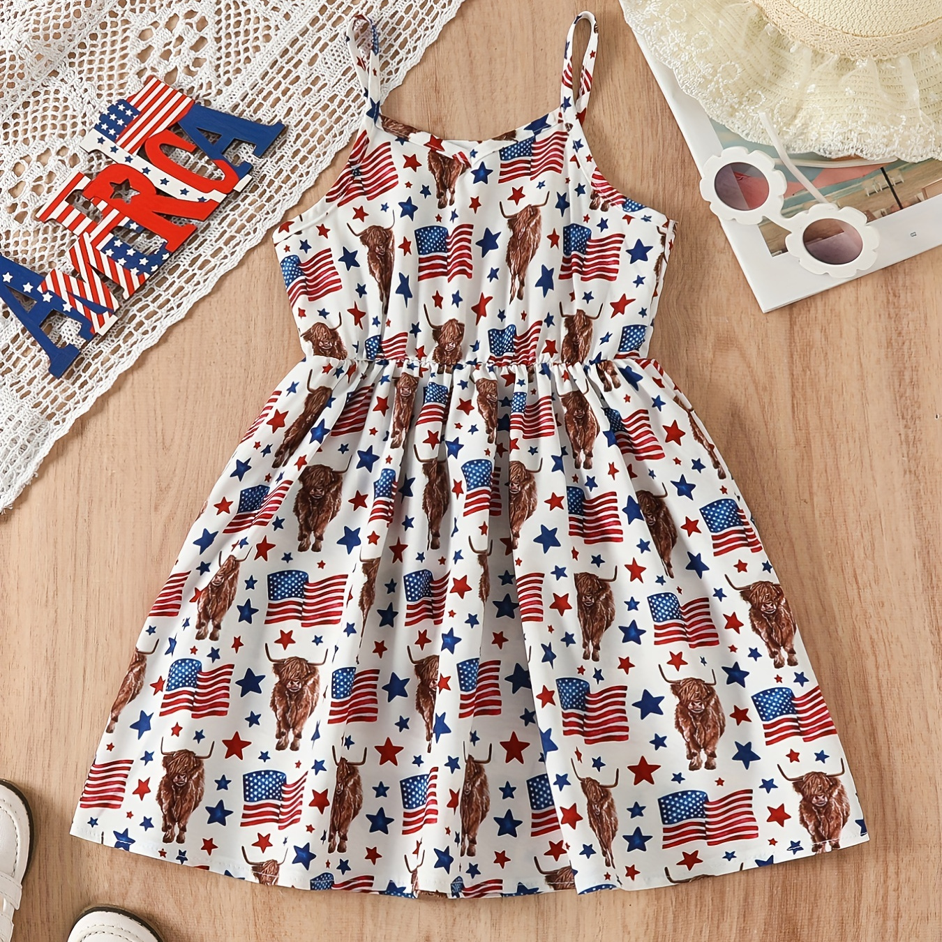 

Girls Strappy/ Sundress With Cute Cow & Usa Flags Full Print Fashion Casual Comfortable Tunic Dress Cow Girl Party Dress 4th Of July Girls Outfit
