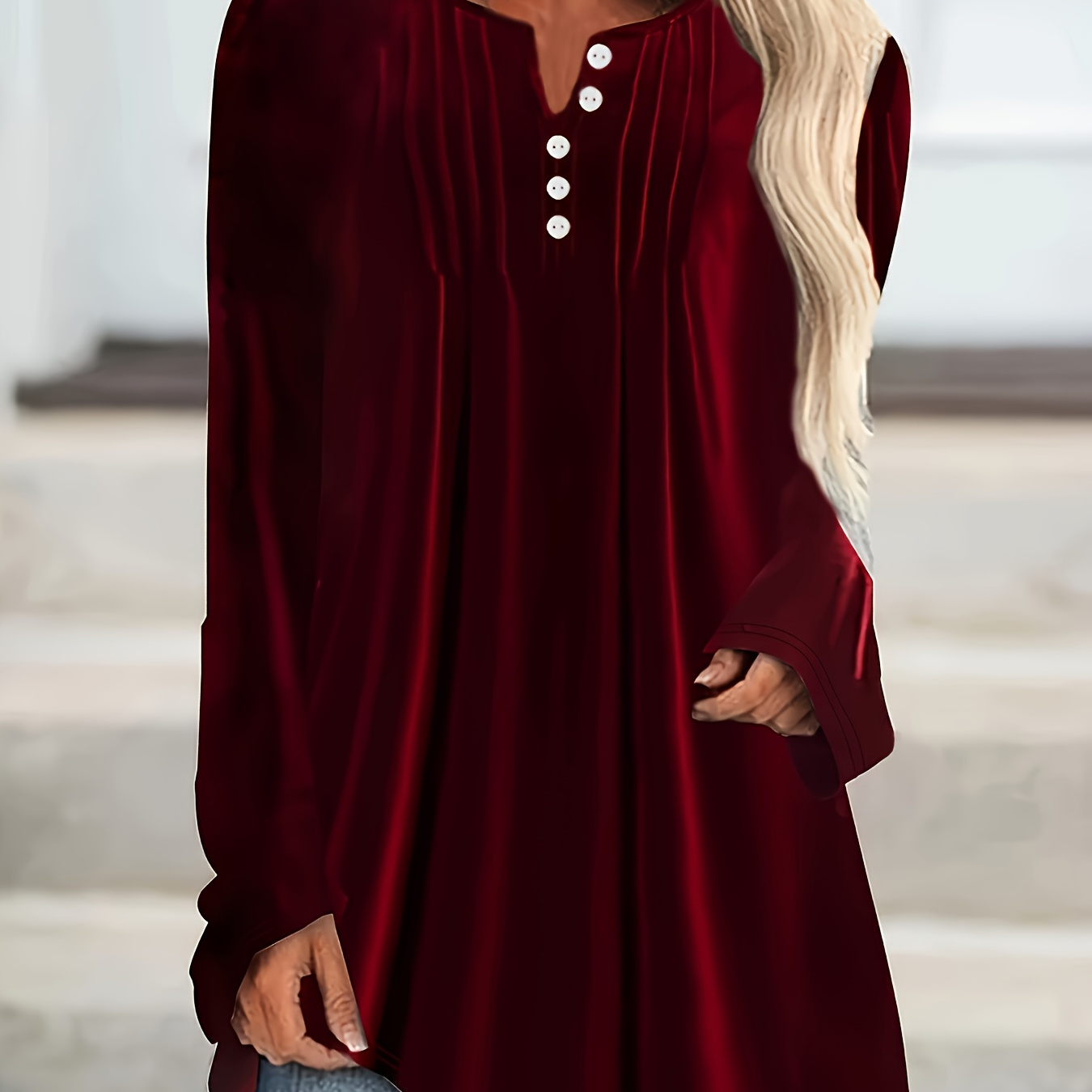 

Women's Casual V-neck Long Sleeve Tunic Top, Polyester Knit Fabric With Spandex, Solid Color, Button Detail, For Fall/winter