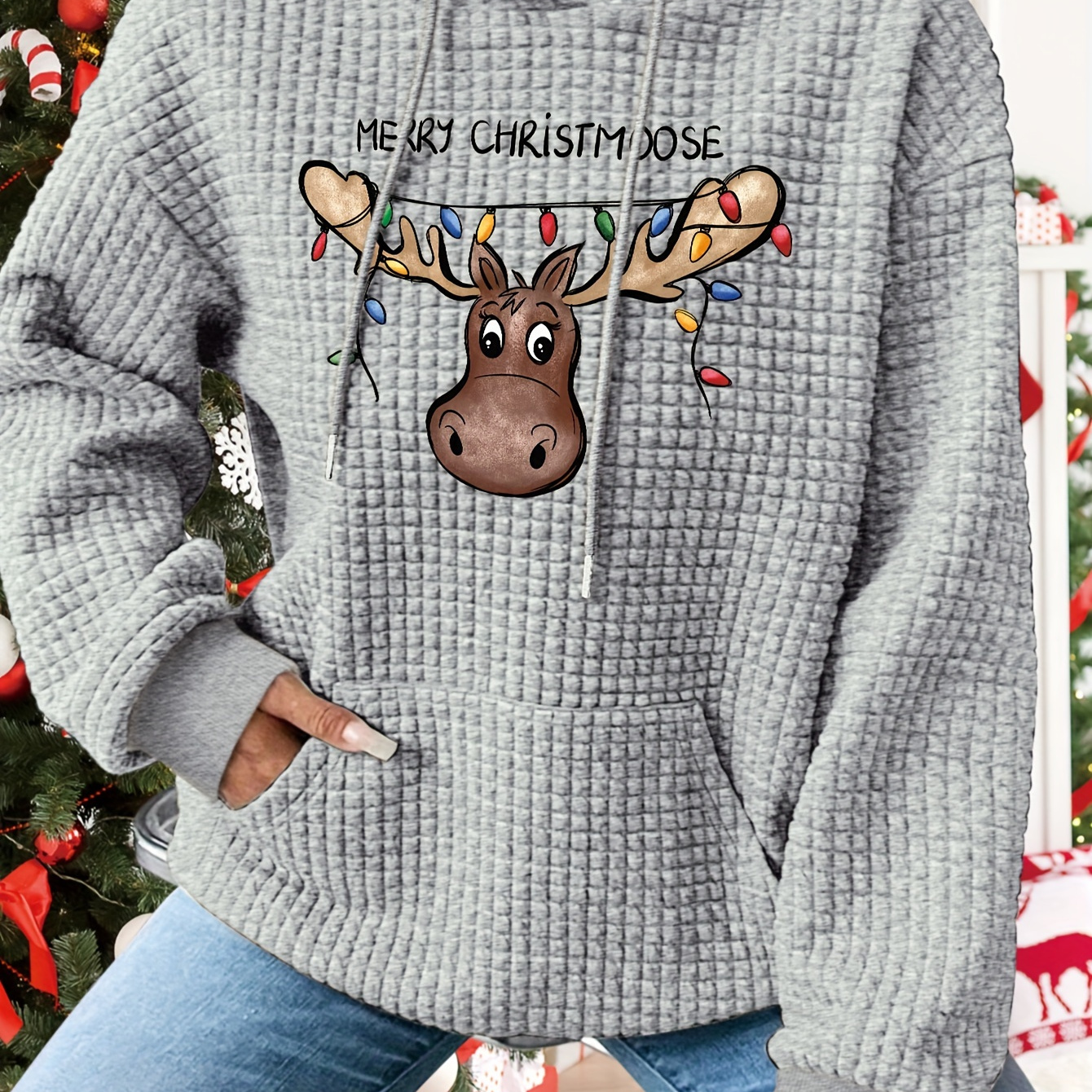 

Plus Size Christmas Applique - Hooded Sweatshirt , Fall/ Pullover In