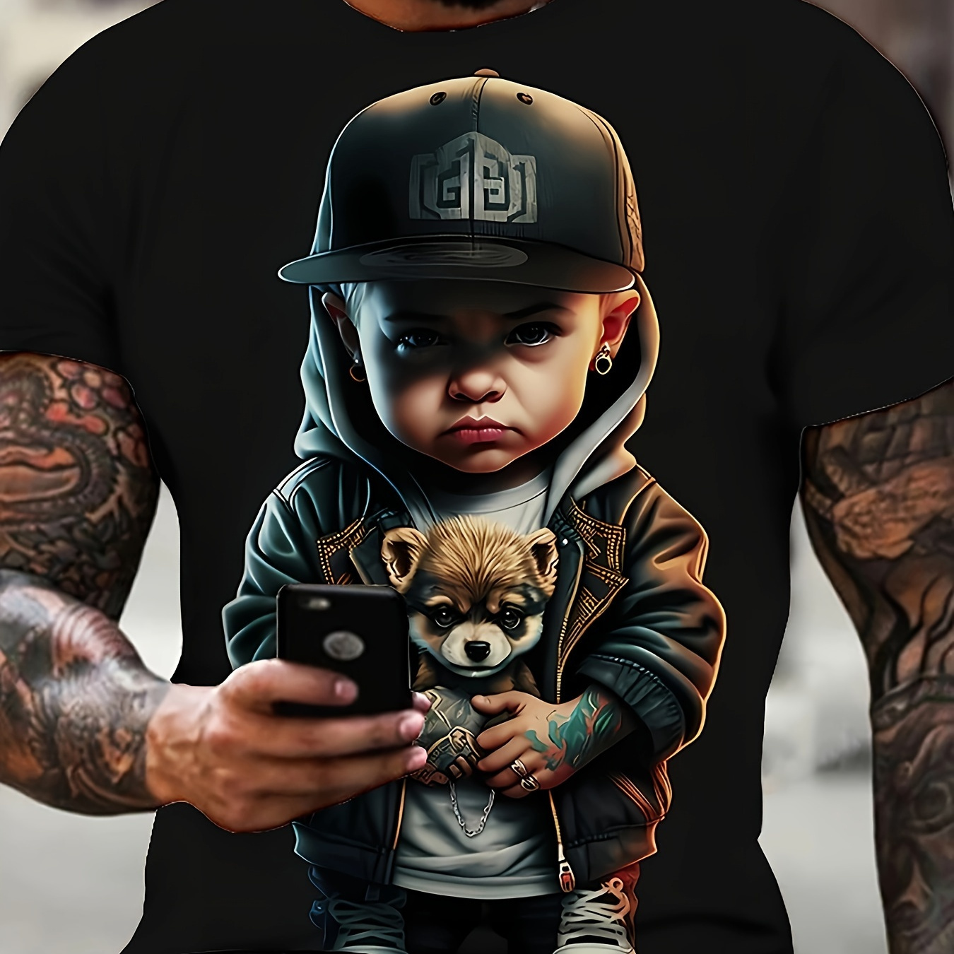 

Men's 3d Digital Cool Male Figure With Cap Pattern Crew Neck And Short Sleeve T-shirt, Stylish And Trendy Tops For Summer Street Wear