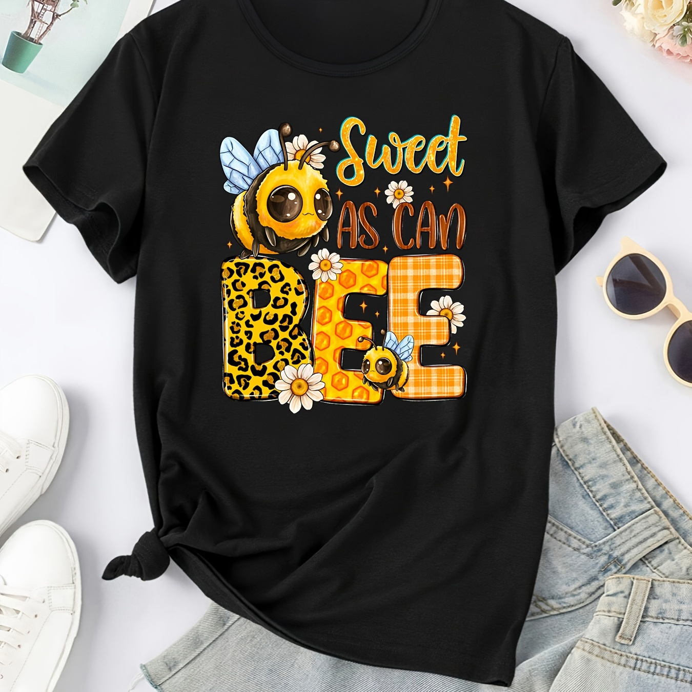 

Big Eye Bee Leopard Pattern Crew Neck T-shirt, Casual Short Sleeve T-shirt, Women's Clothing