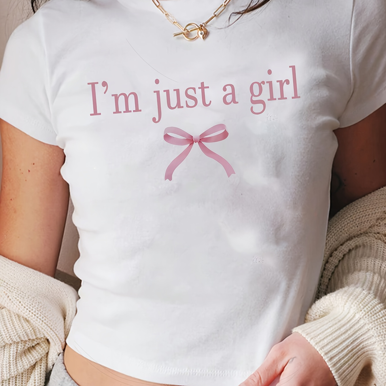 

Y2k Bow Print T-shirt, Short Sleeve Crew Neck Casual Top For Summer & Spring, Women's Clothing