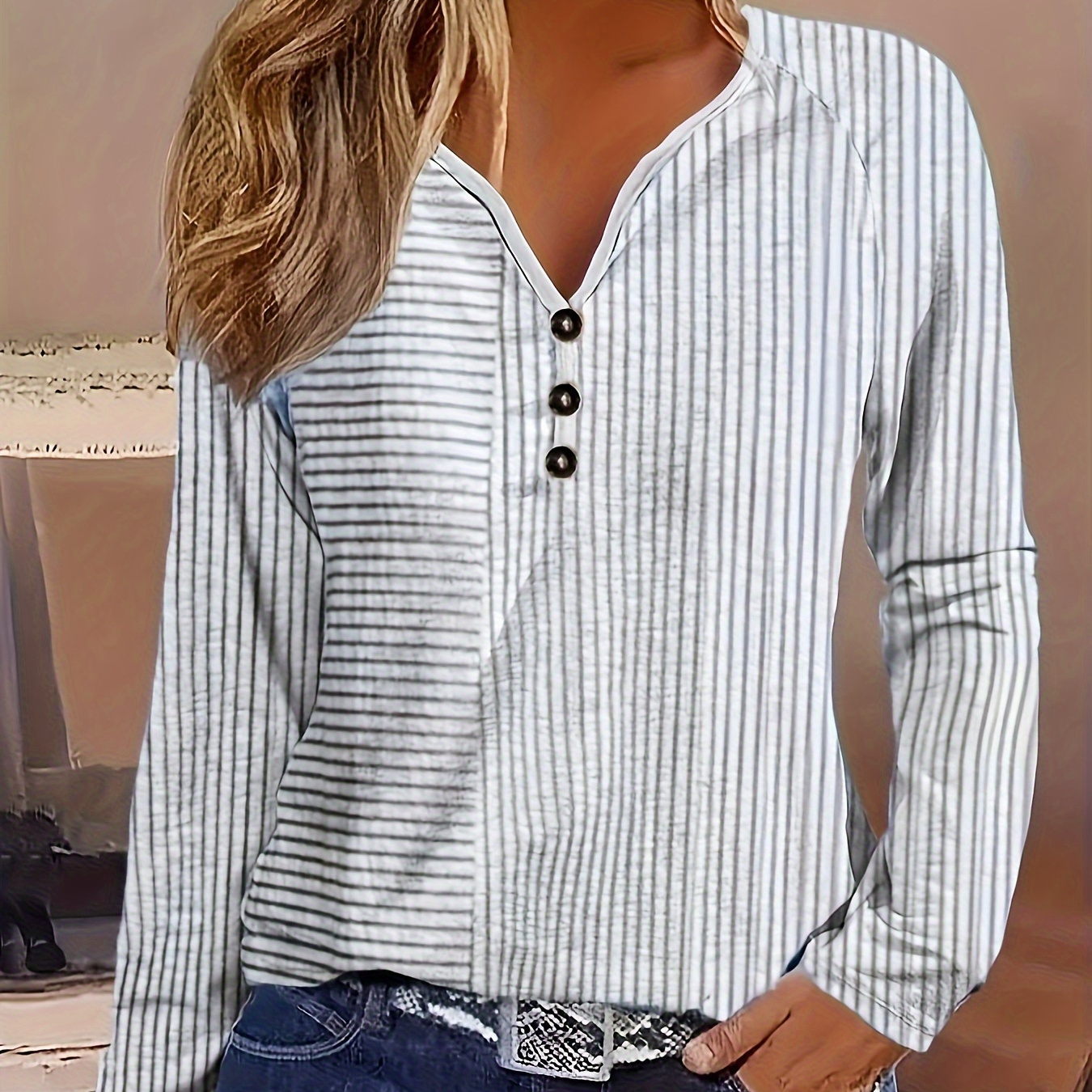 

Striped Notched Neck Fake Buttons T-shirt, Elegant Long Sleeve Top For Spring & Fall, Women's Clothing
