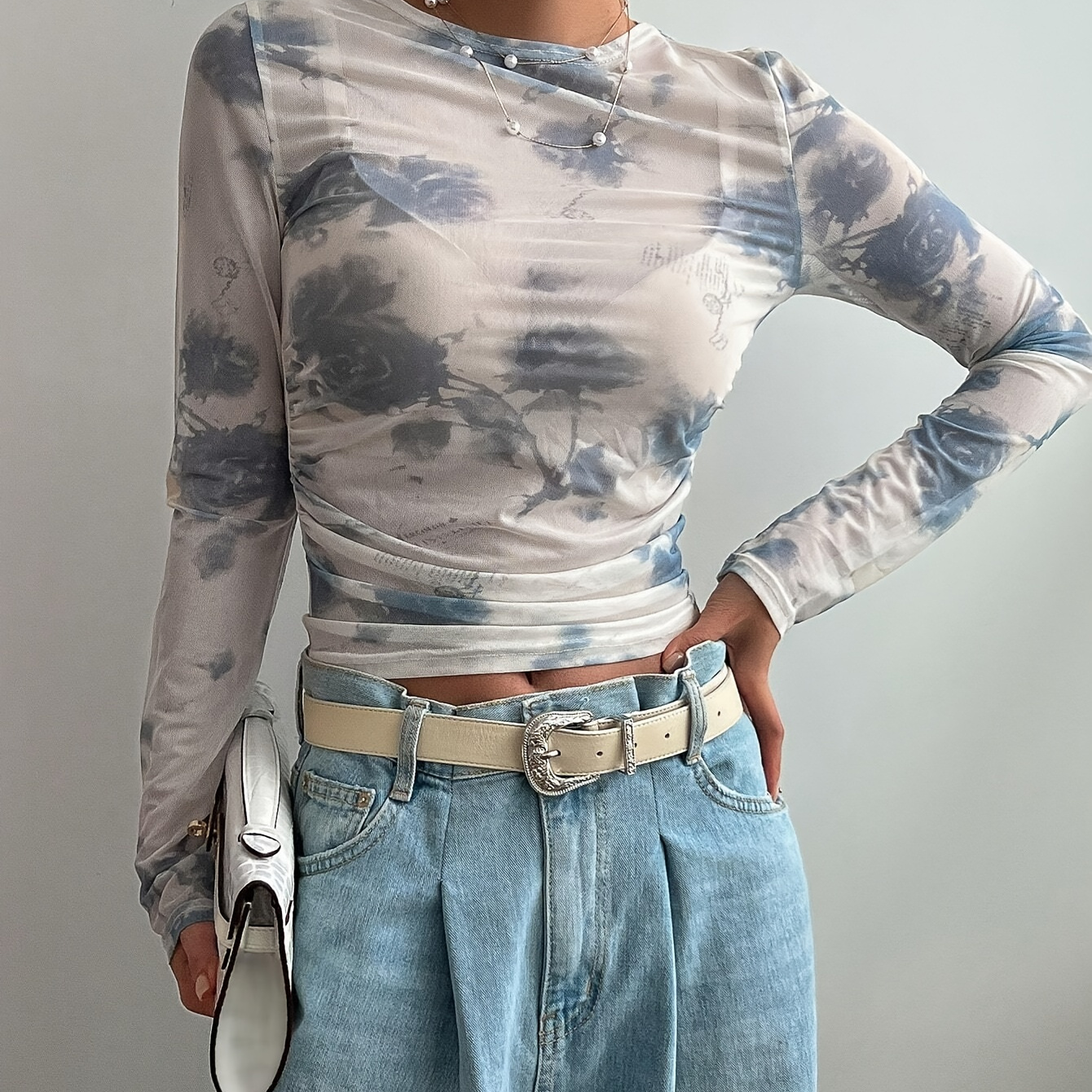 

Floral Print Crew Neck T-shirt, Elegant Mesh Long Sleeve Semi Sheer T-shirt, Women's Clothing