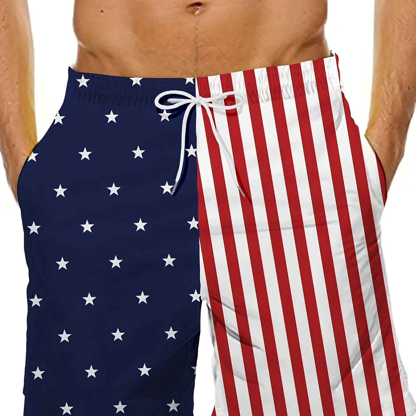 

Men's Stars And Stripes Pattern Print Beach Shorts Activewear, Drawstring Quick Dry Shorts, Lightweight Shorts For Summer Beach Holiday Surfing