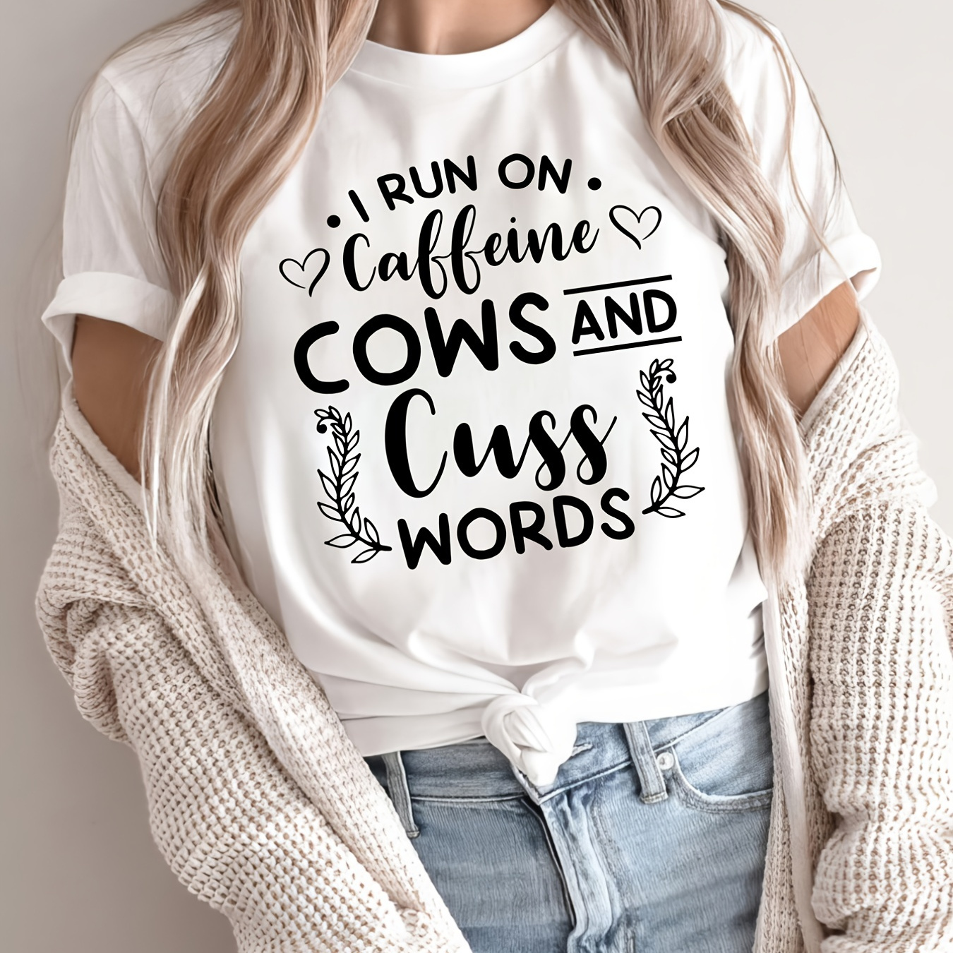 

Cows & Cuss Words Print T-shirt, Short Sleeve Crew Neck Casual Top For Spring & Summer, Women's Clothing