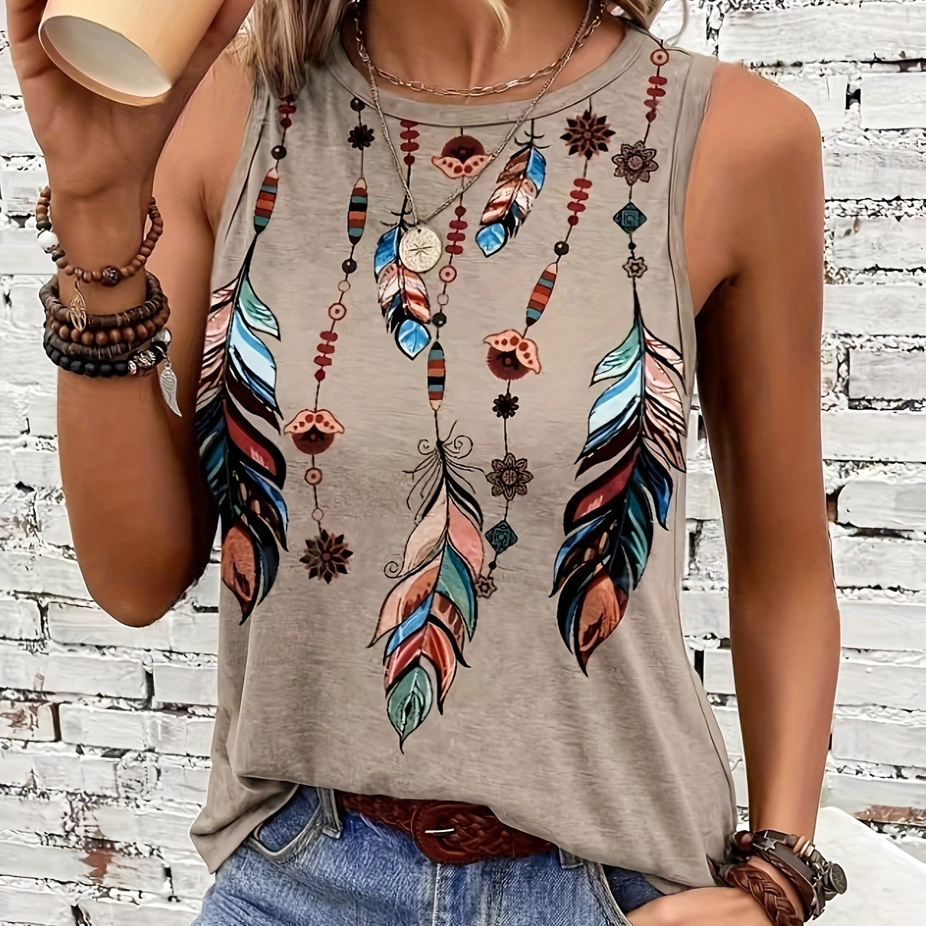 

Feather Print Crew Neck Tank Top, Casual Sleeveless Tank Top For Summer, Women's Clothing