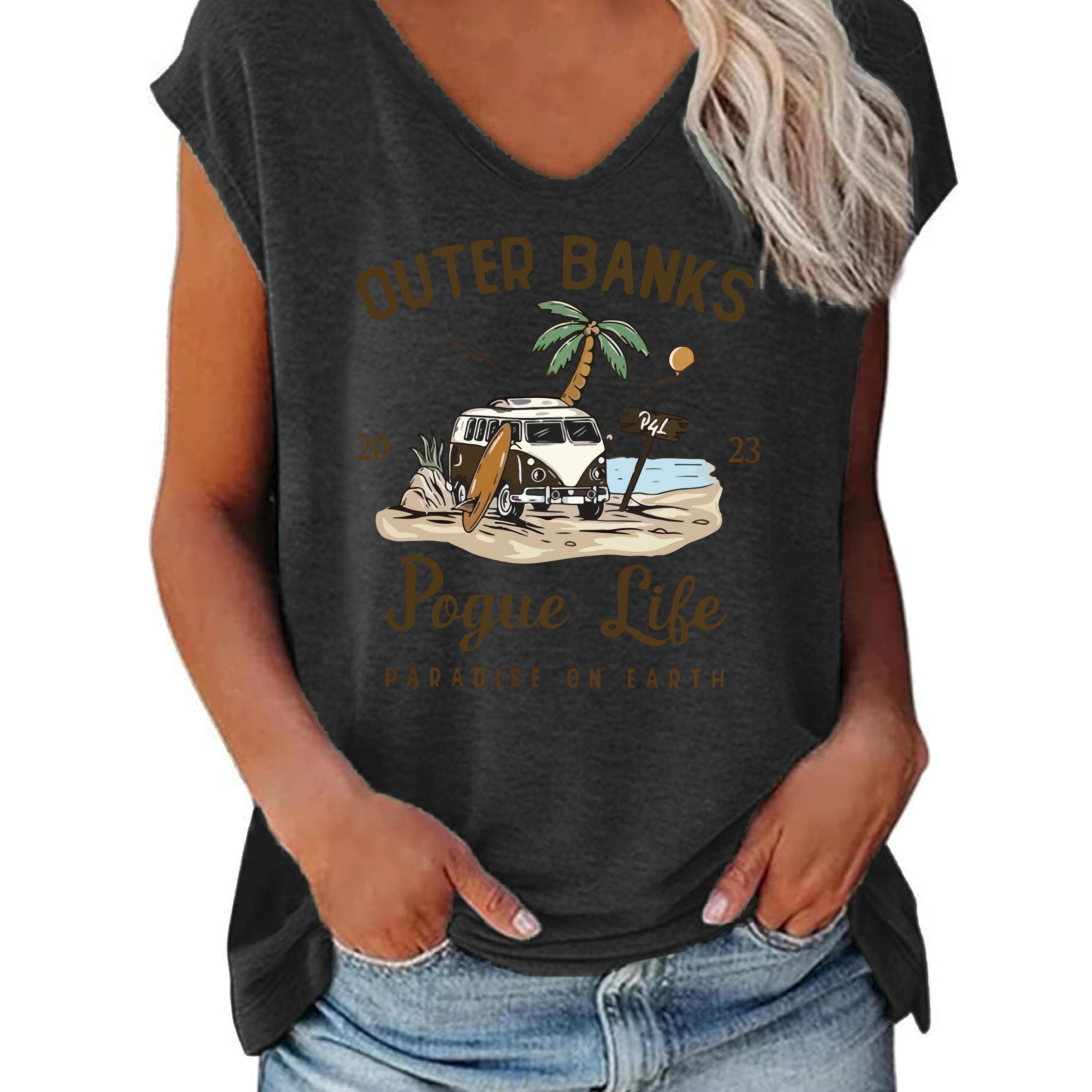 

Vintage Car & Letter Print V-neck T-shirt, Casual Cap Sleeve T-shirt For Spring & Summer, Women's Clothing