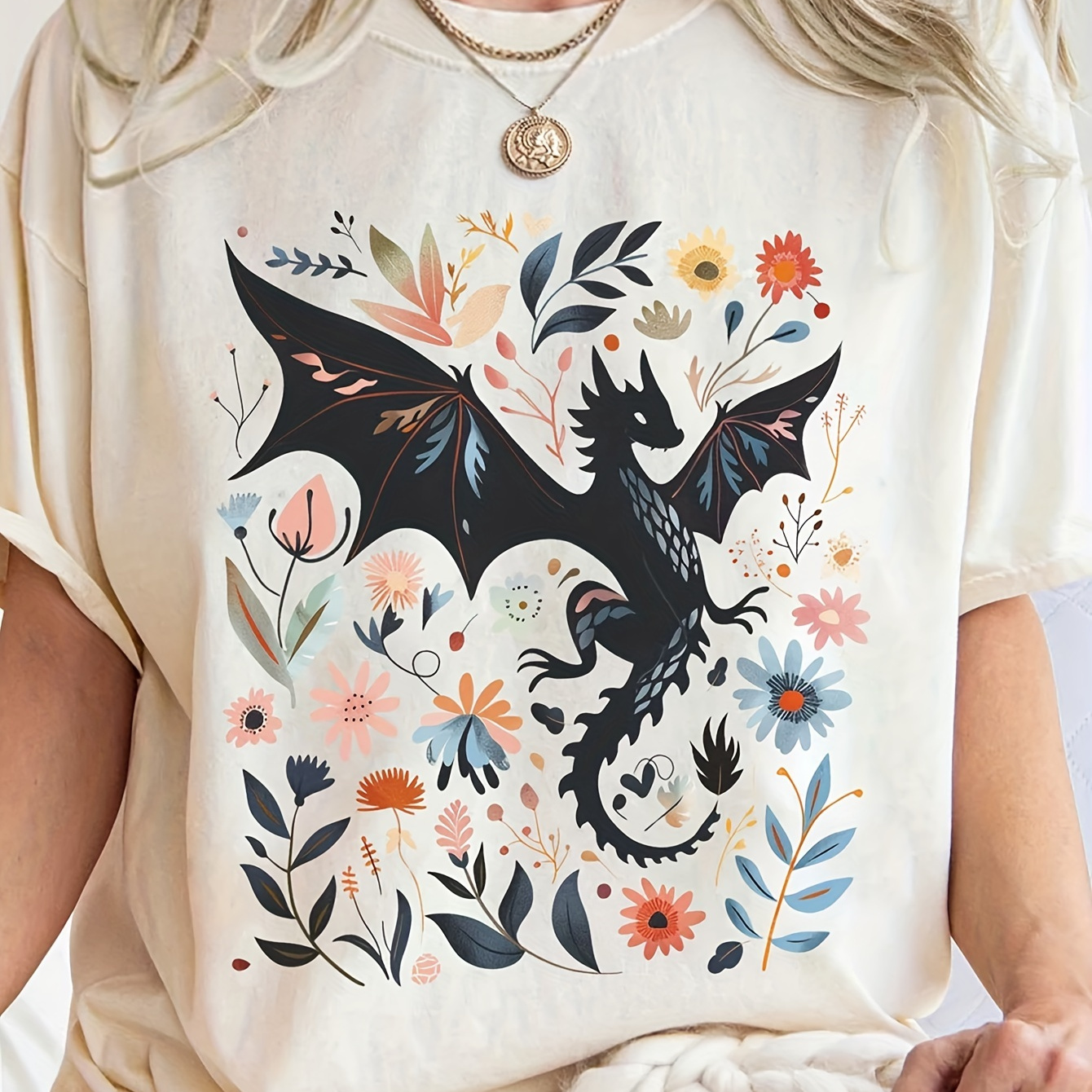 

Dragon & Floral Neck T-shirt, Casual Short Sleeve Top For , Women's Clothing