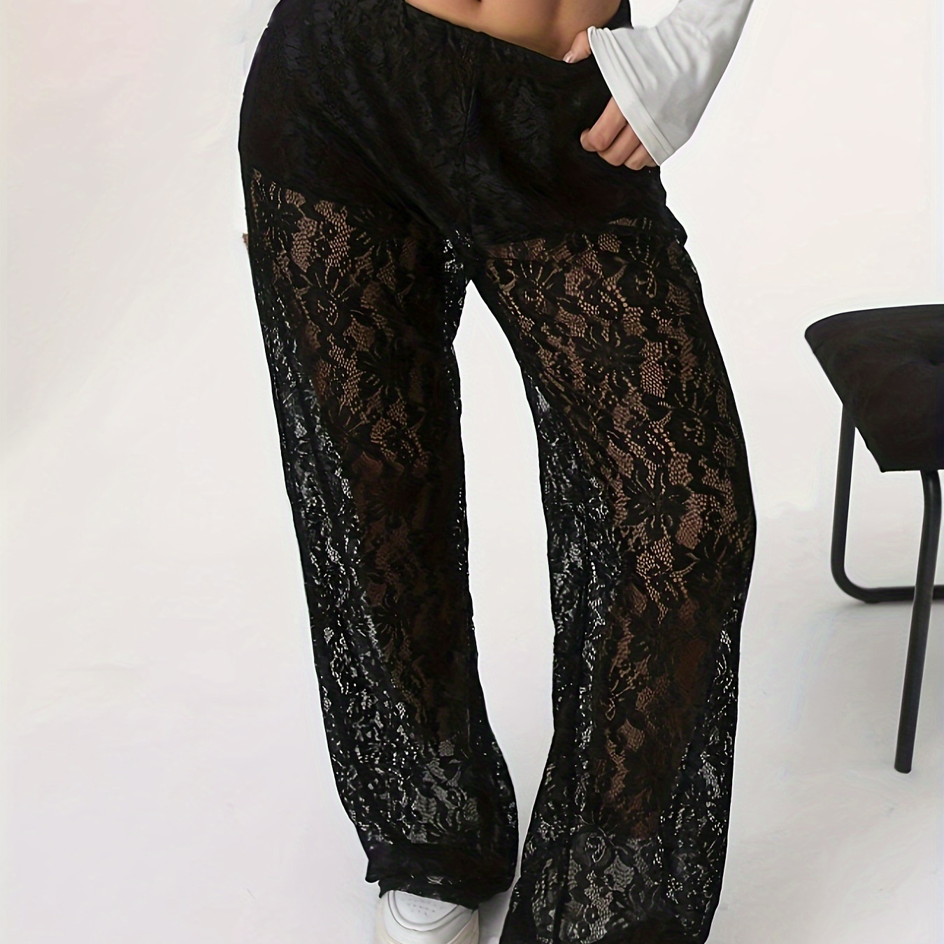 

Brelegant Sheer Lace Wide-leg Pants For Women - Breathable Polyester, Machine Washable, Spring/summer/fall