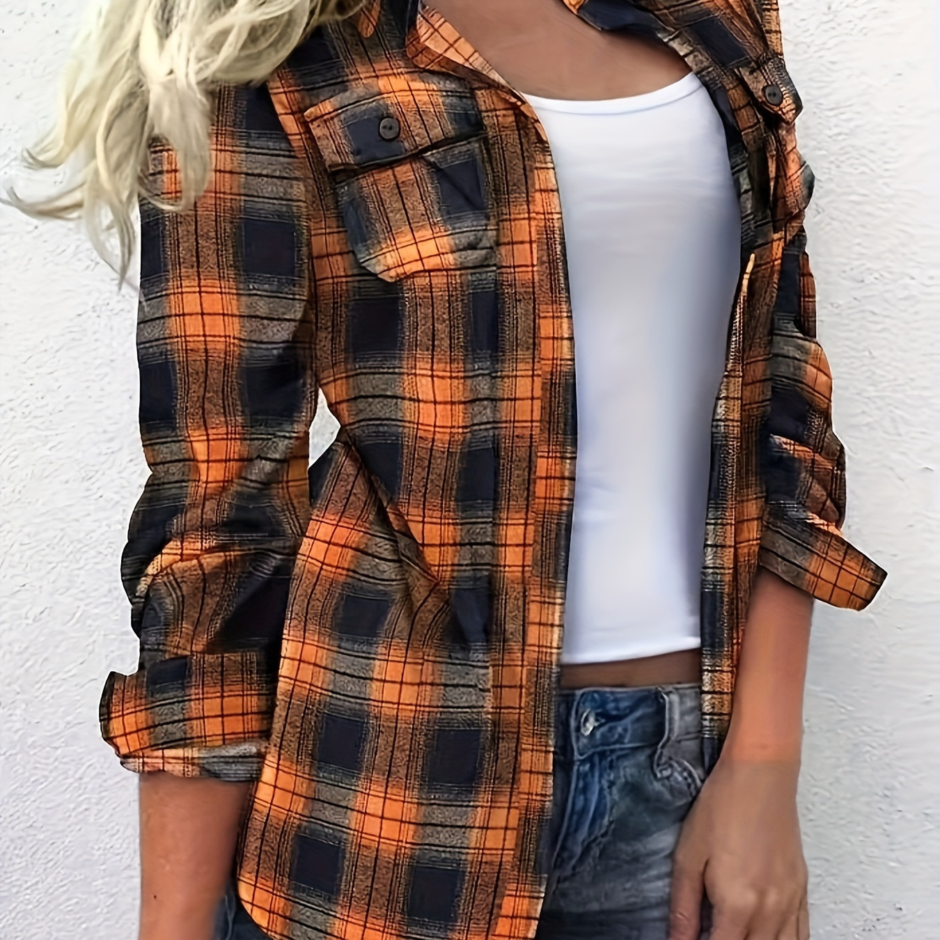 

Plus Size Colorblock Plaid Shirt, Casual Long Sleeve Button Front Shirt, Women's Plus Size clothing