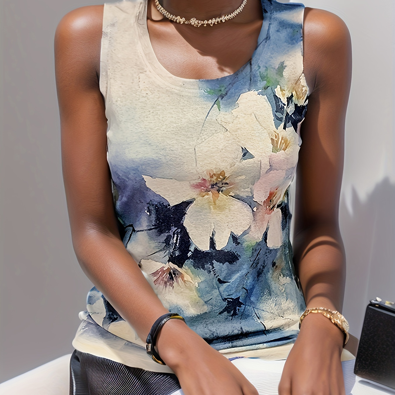 

Floral Print Tank Top, Elegant Sleeveless Top For Spring & Summer, Women's Clothing
