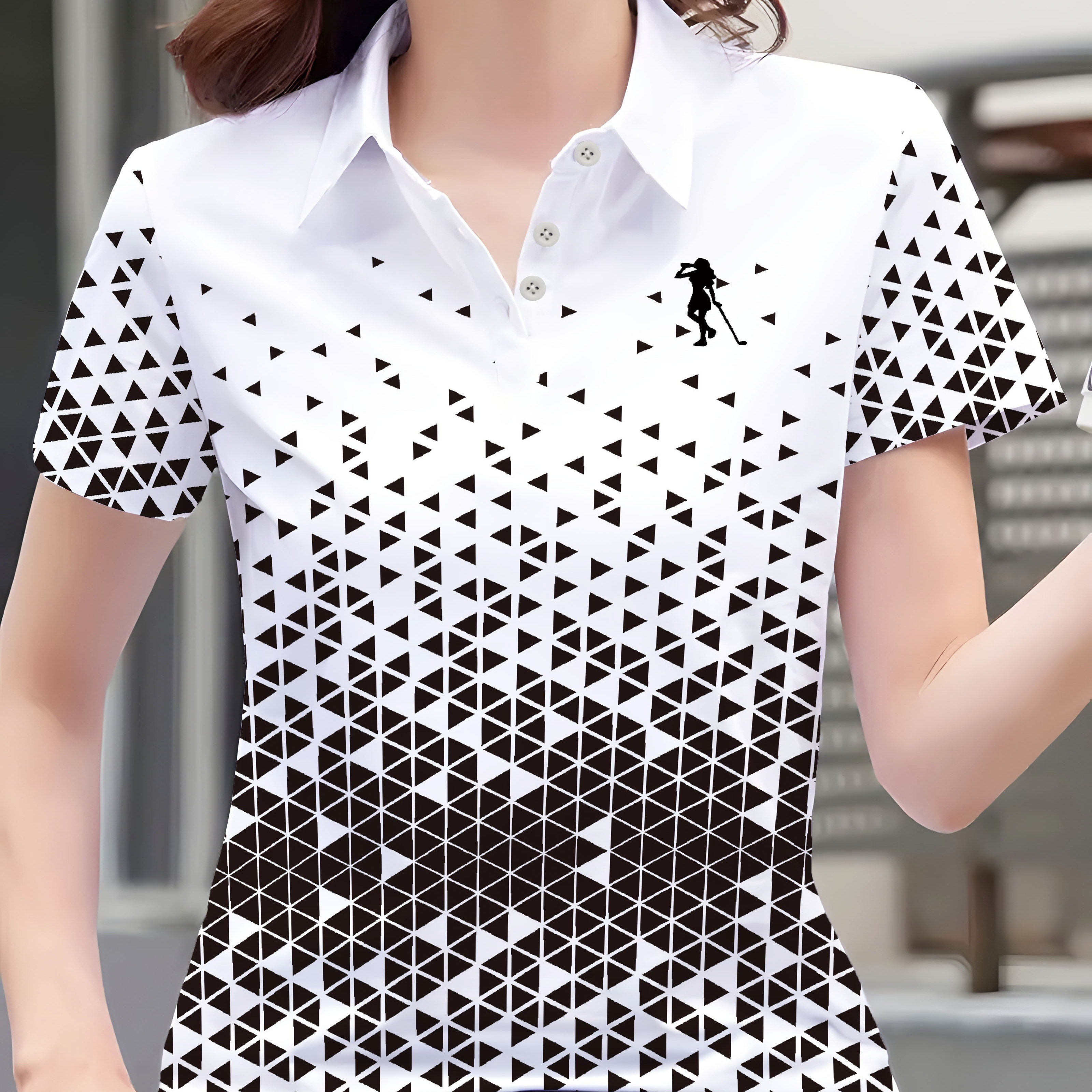 

Women's Fashion Triangle Geometric Print Short Sleeve Golf Polo Shirt, Casual Sportswear, Button-up Collar, Summer Top