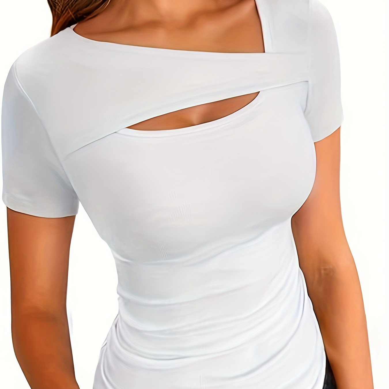 

Cut Out Asymmetrical Neck T-shirt, Elegant Short Sleeve Slim Fit Top For Spring & Summer, Women's Clothing