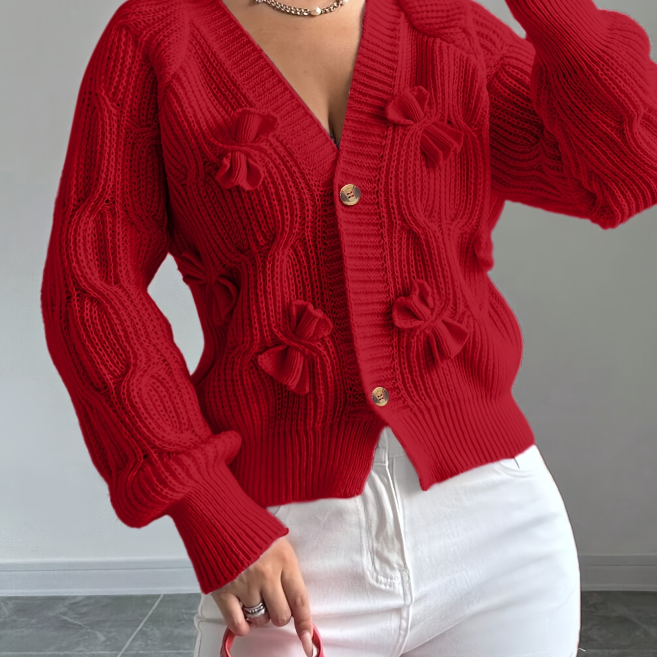 

Elegant Women's Red Bow Knit Cardigan - Long Sleeve, Polyester, V-neck With Decorative Buttons And Floral Embellishments, Fall/, Winter | Sweater|microelasticity