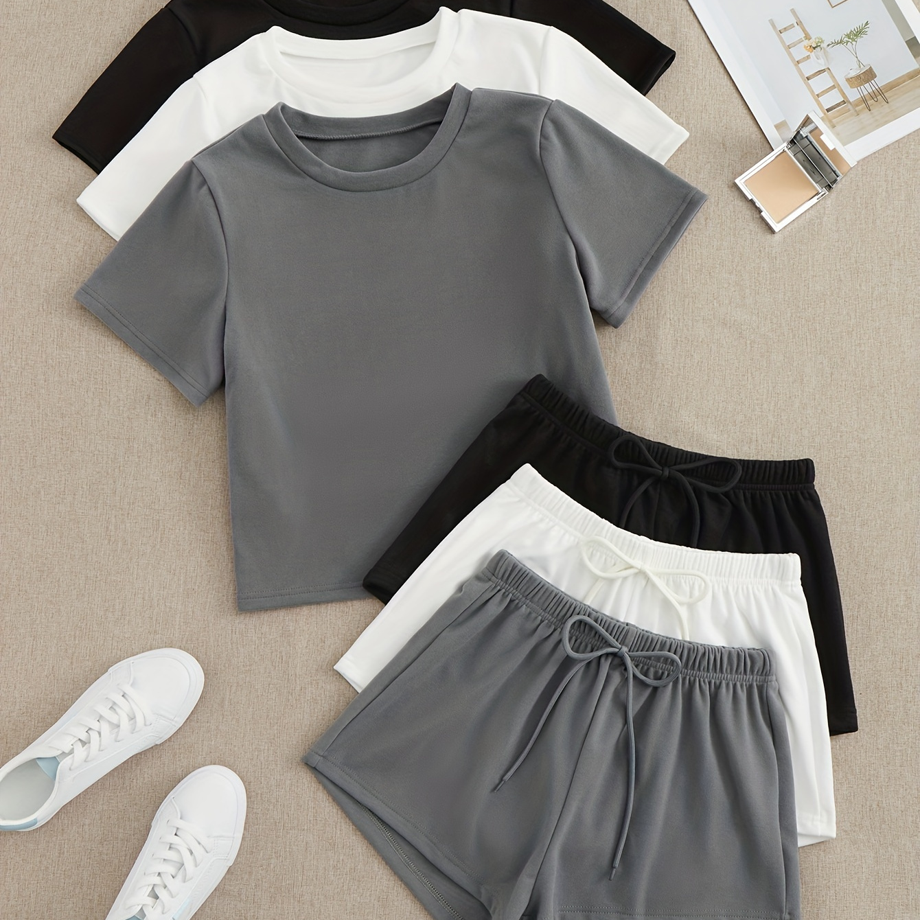 

3 Sets Simple Solid Lounge Set, Short Sleeve Crew Neck Top & Lace Up Shorts, Women's Loungewear & Sleepwear