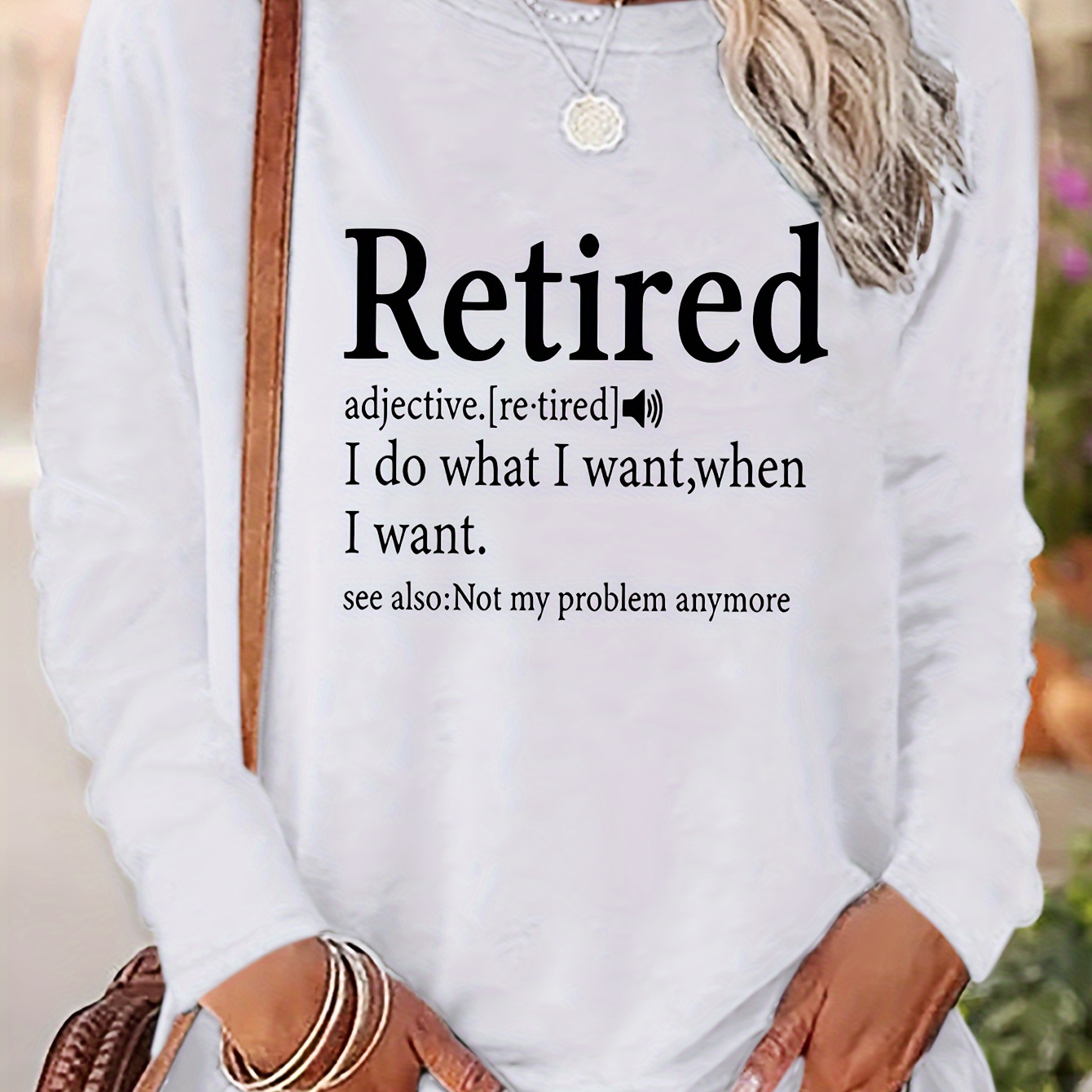 

Retired Print T-shirt, Long Sleeve Crew Neck Casual Top For Spring & Fall, Women's Clothing