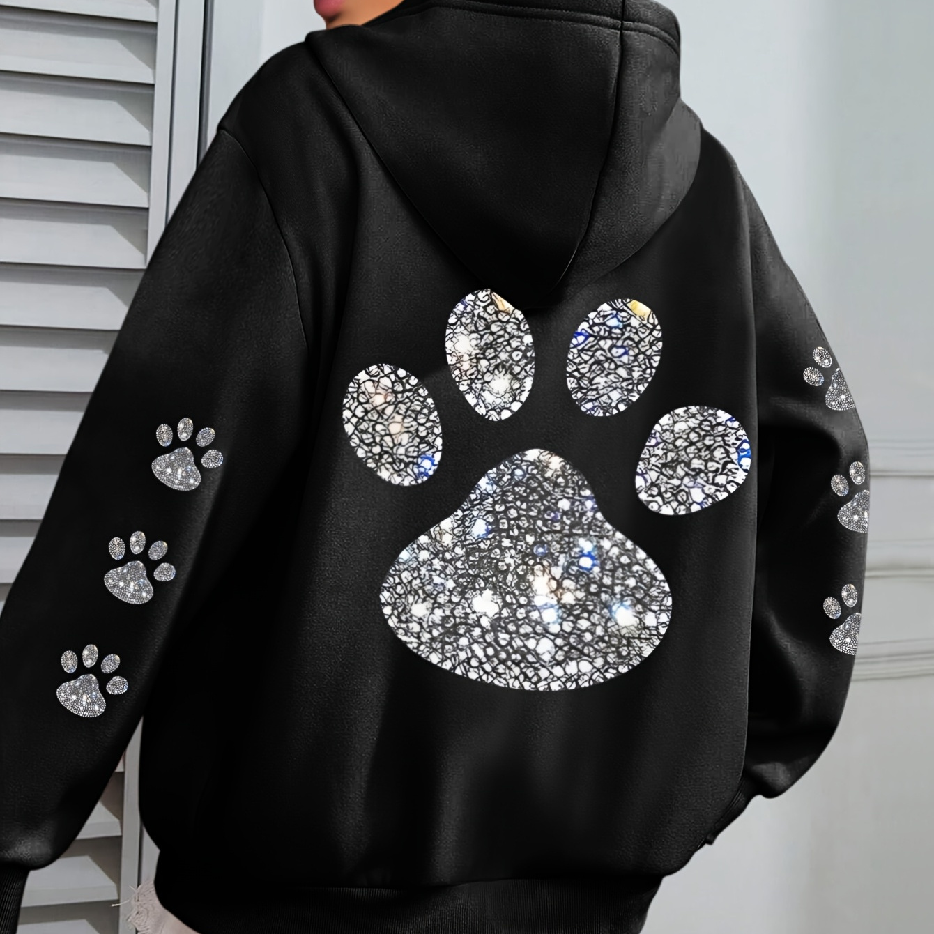 

Women's Plus Size Cat Paw Print Hoodie - Casual Polyester Pullover With Stretch, Knit Fabric Hooded Sweatshirt With Pocket, Animal Pattern, For Fall/winter - 250gsm